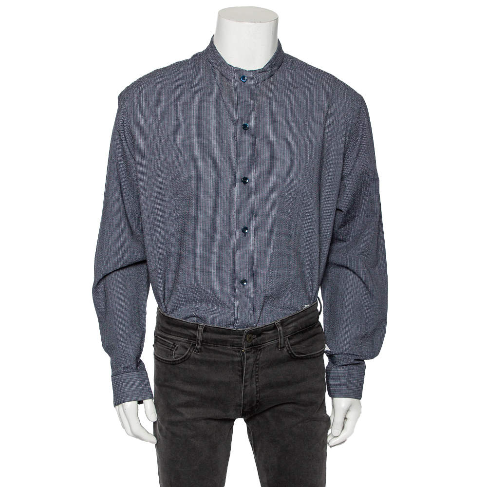 Pre Owned Giorgio Armani Navy Blue Striped Crinkled Cotton Button Front Shirt 3XL
