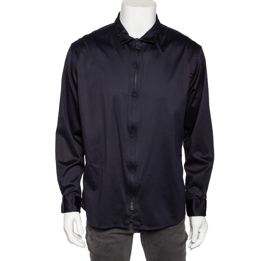 Pre Owned Giorgio Armani Navy Blue Stretch Cotton Zip Front Shirt 4XL