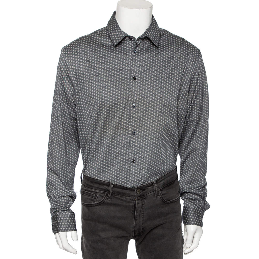 Pre Owned Giorgio Armani Grey Printed Cotton Button Front Shirt 4XL
