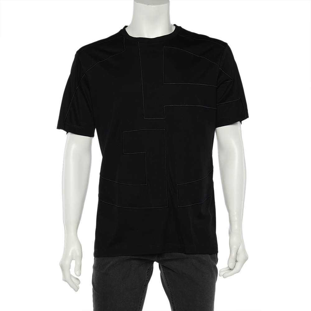 Pre Owned Giorgio Armani Black Logo Embroidered Cotton Knit Crewneck T-Shirt XXL