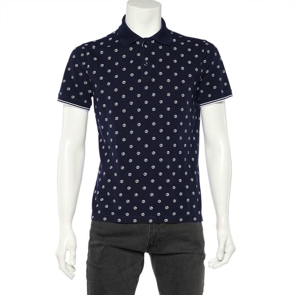 Pre Owned Giorgio Armani Navy Blue Allover Logo Printed Cotton Pique Polo T-Shirt XL