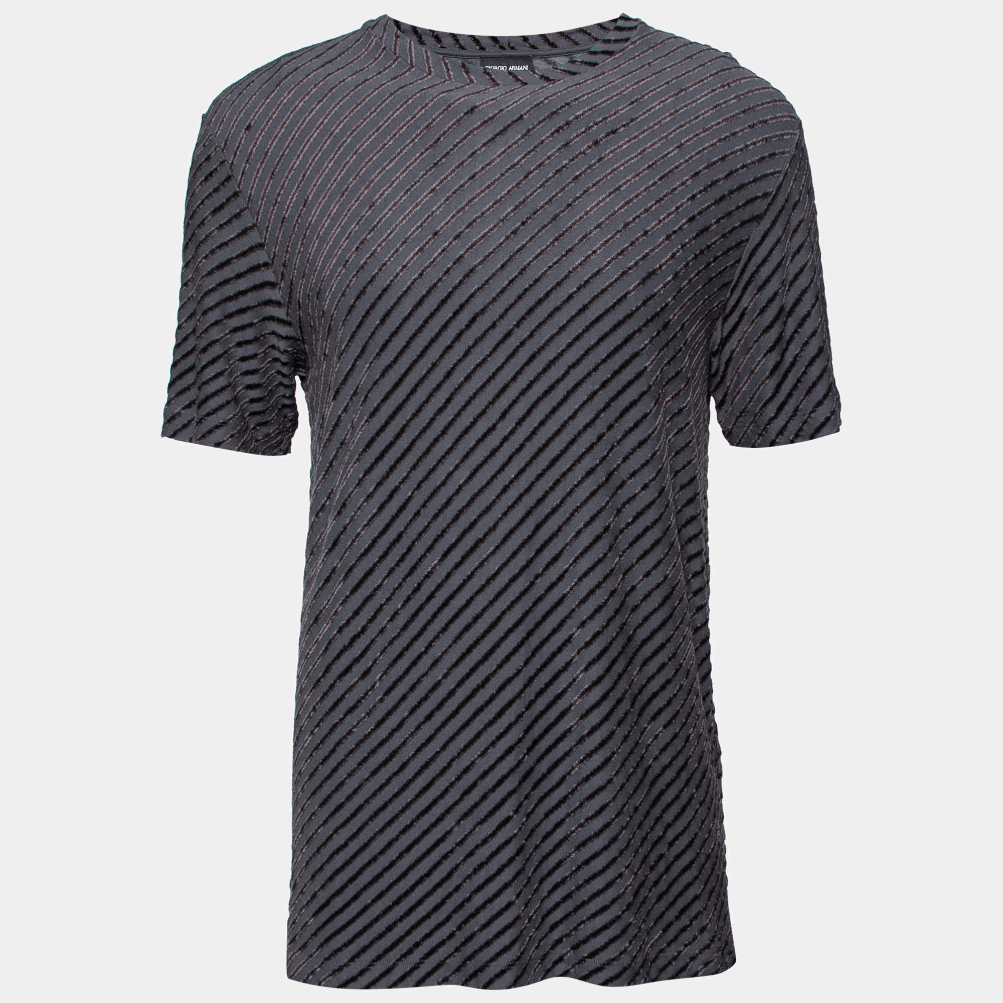 Giorgio Armani Grey Diagonal Stripe Textured Knit Short Sleeve T-Shirt 3XL