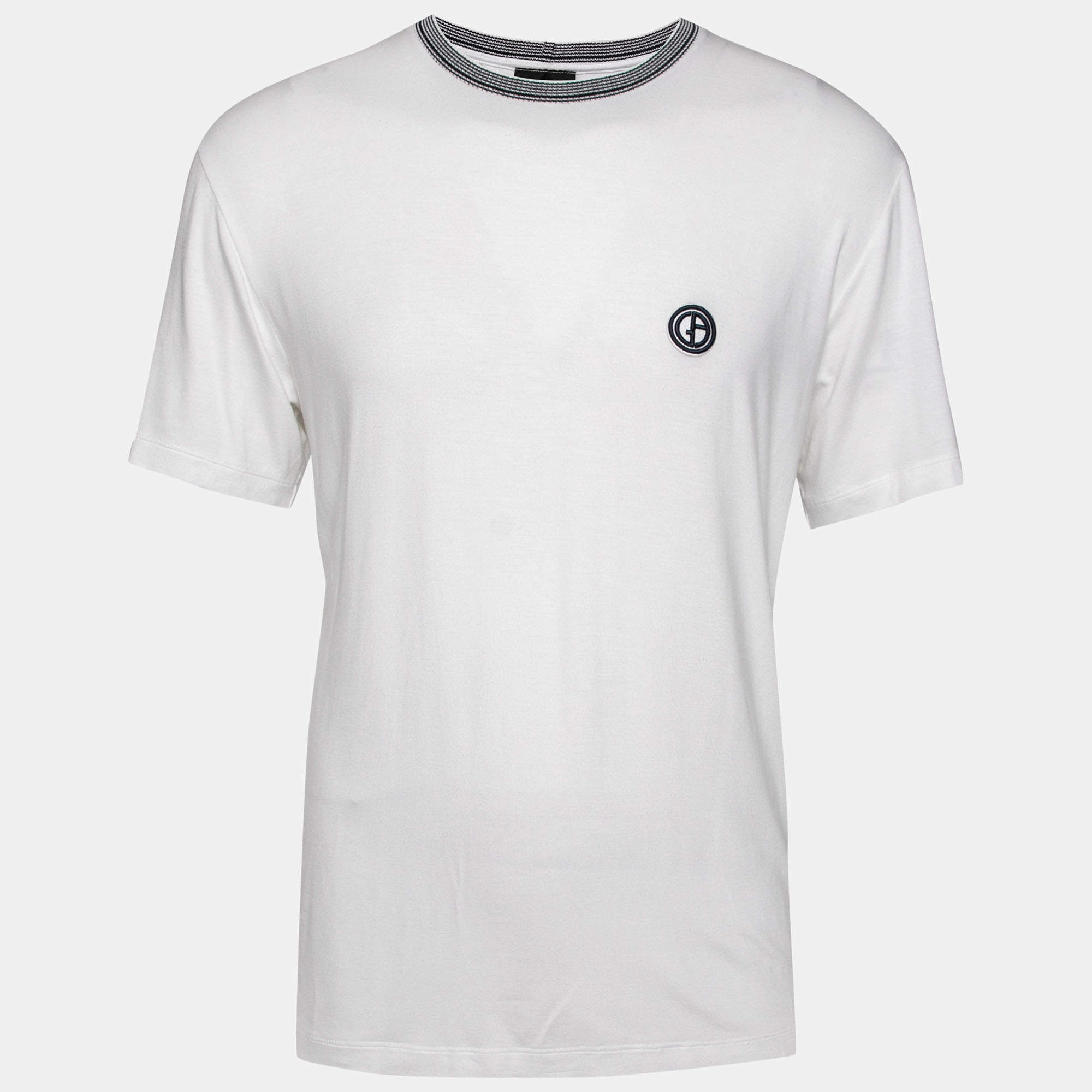 Pre Owned Giorgio Armani White Jersey Logo Embroidered Short Sleeve T-Shirt XXL