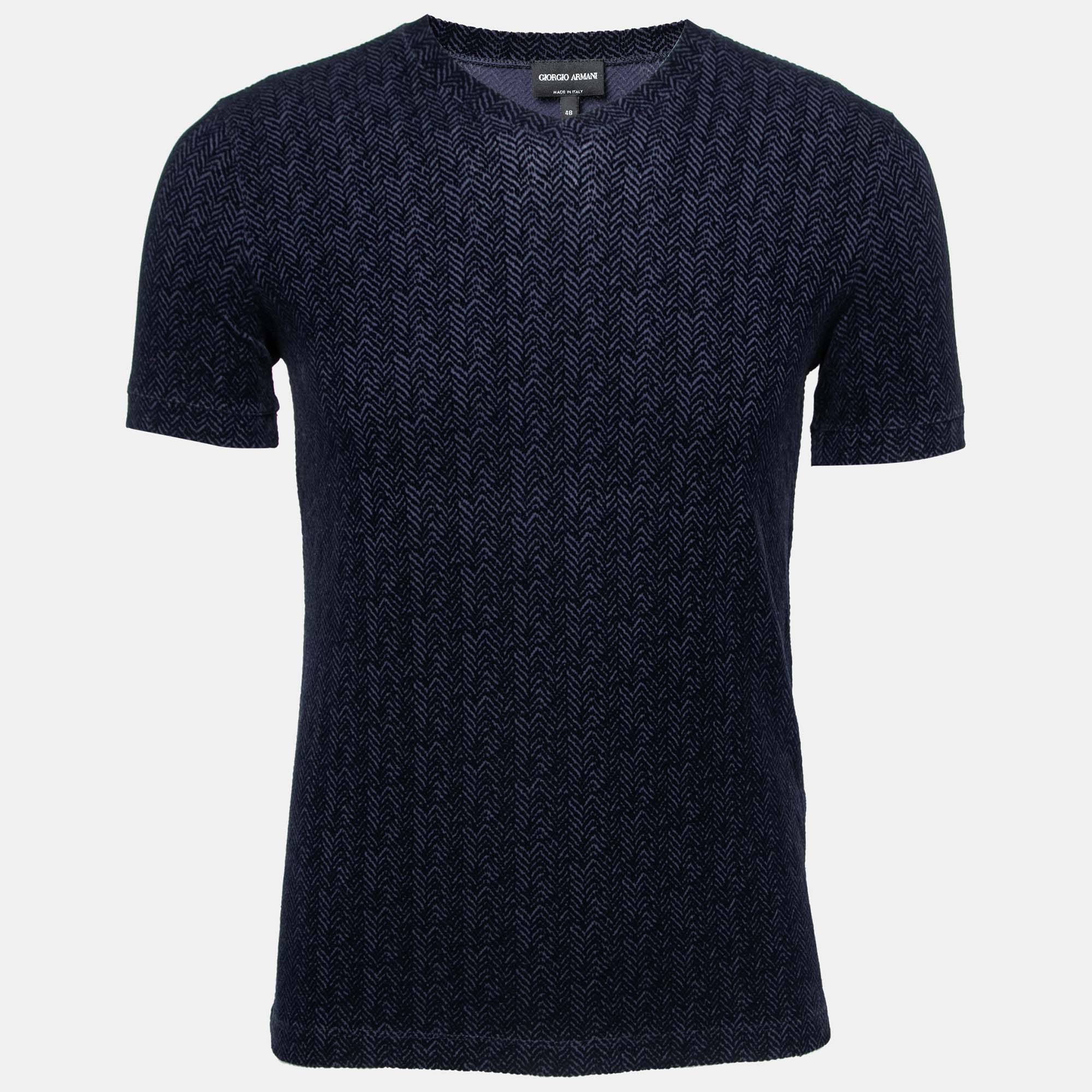 Pre Owned Giorgio Armani Navy Blue Patterned Devore Round Neck T-Shirt M