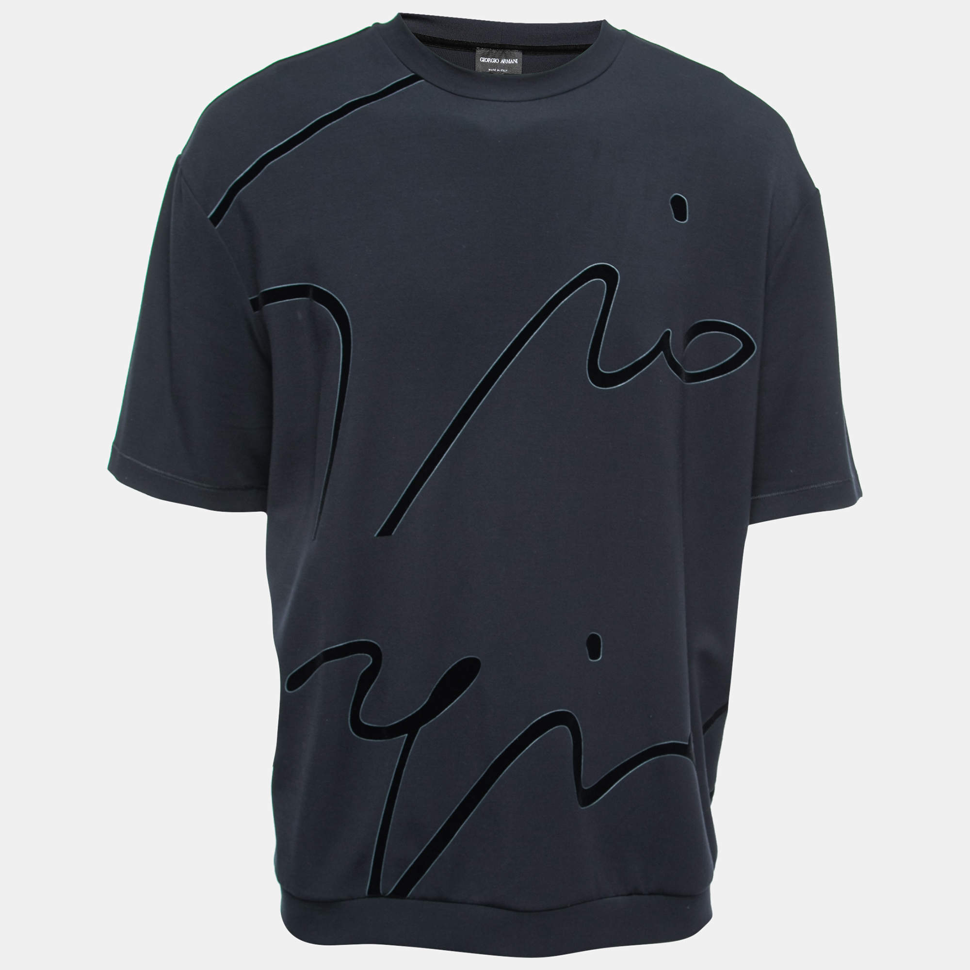 Pre Owned Giorgio Armani Navy Blue Flocked Logo Detail Modal Knit T-Shirt 3XL