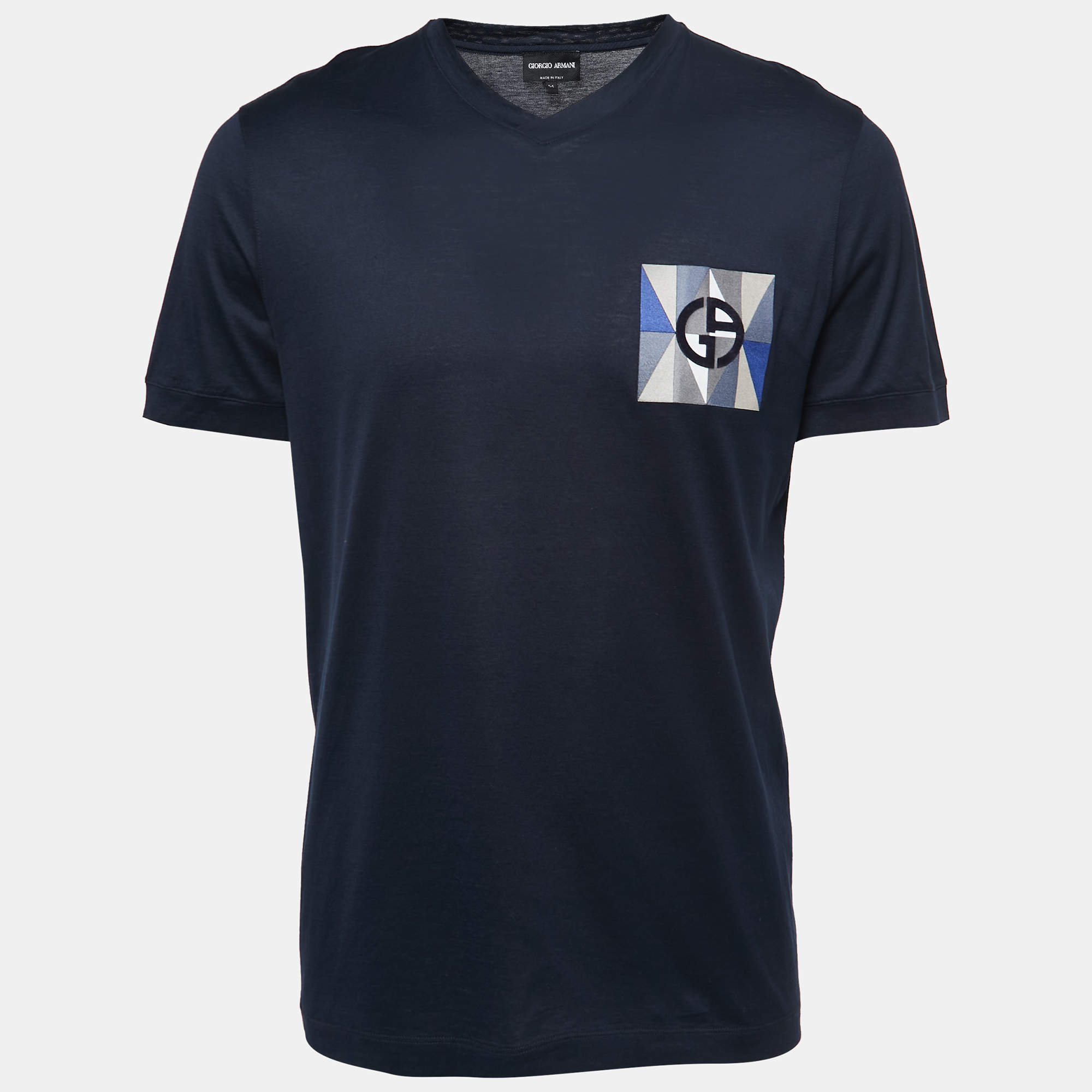 Pre Owned Giorgio Armani Navy Blue Cotton Logo Patch Detail T-Shirt 2XL