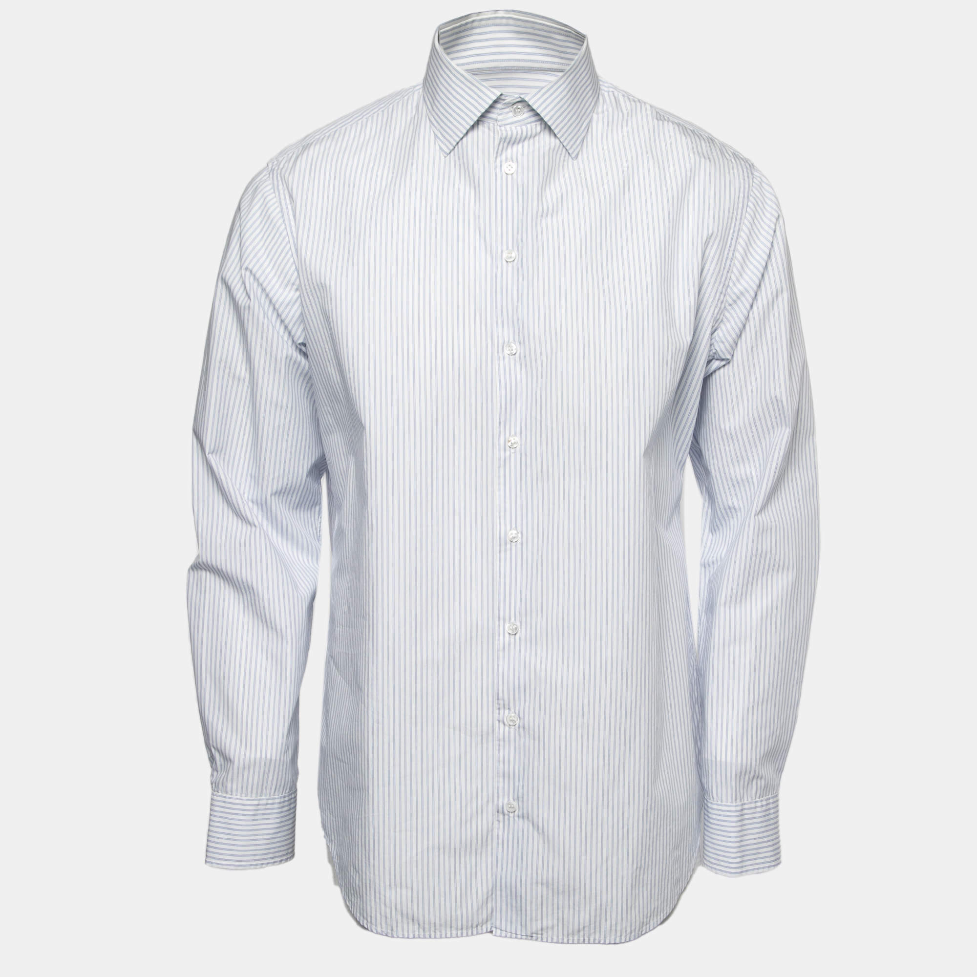 Giorgio Armani Blue Striped Cotton Button Front Shirt L