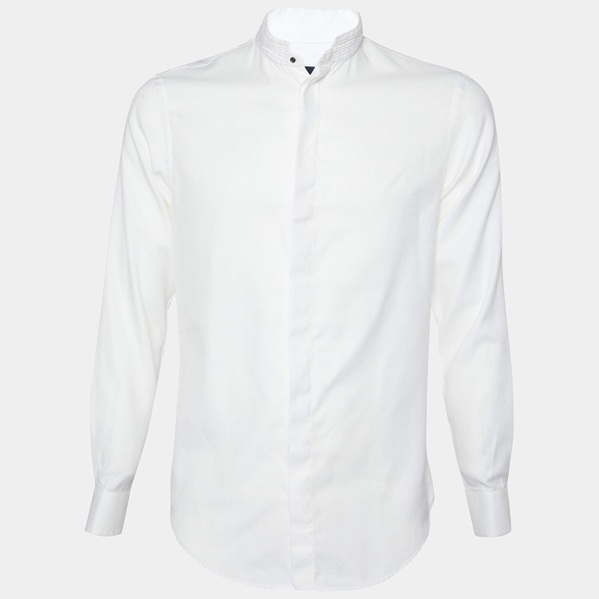 Pre Owned Giorgio Armani White Cotton Jacquard Stand Collar Shirt M