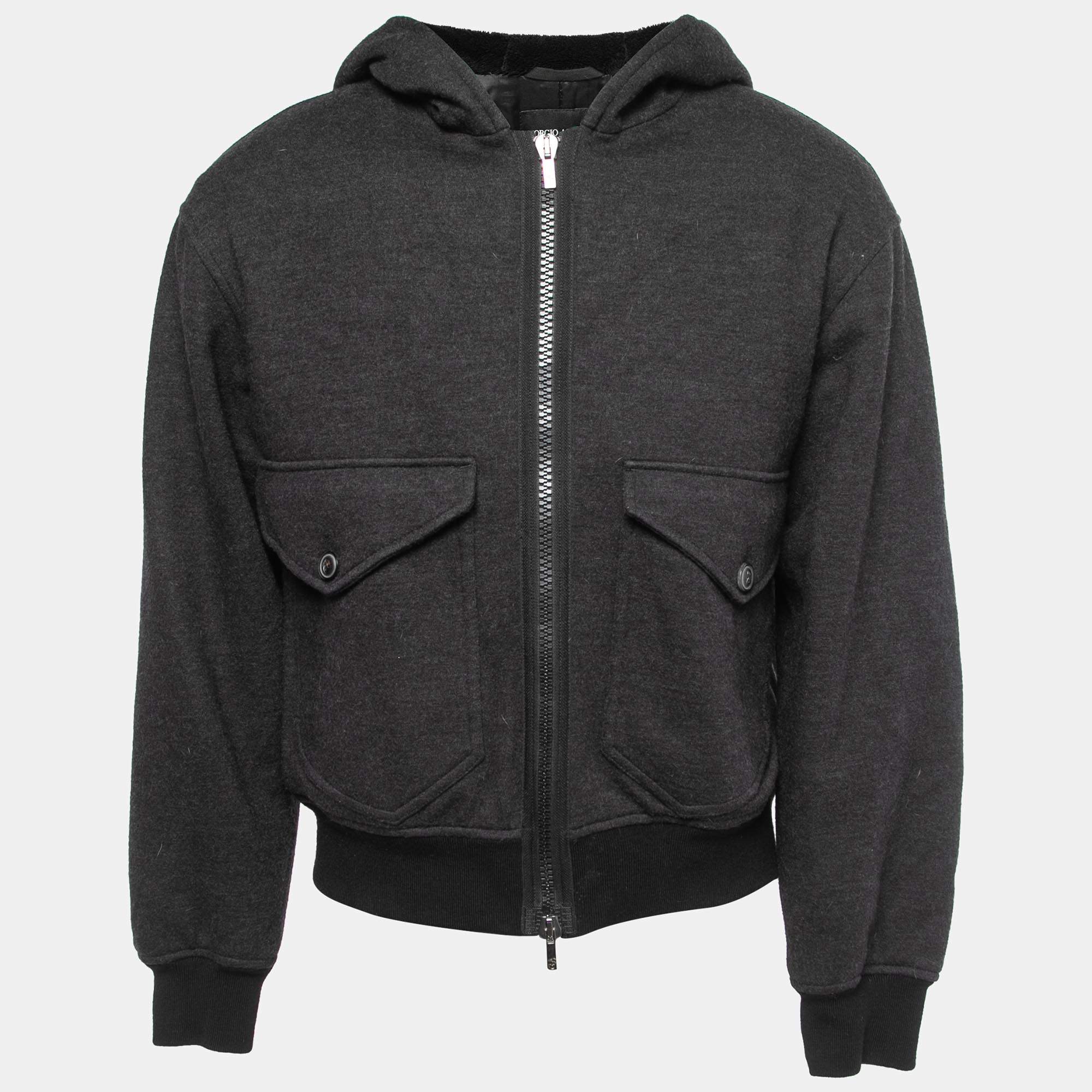 Giorgio Armani Grey/Black Wool Zip Front Hooded Jacket L