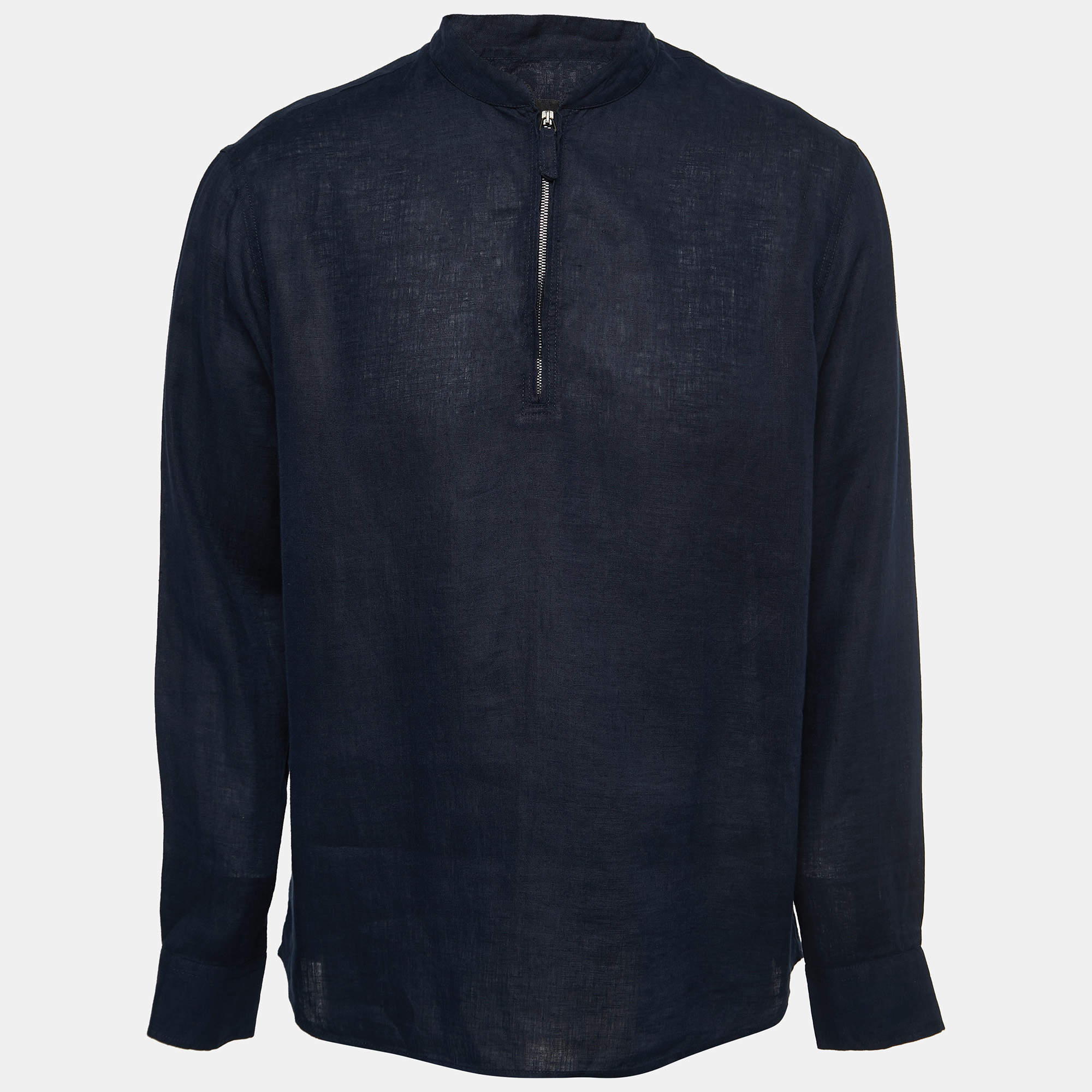 Giorgio Armani Navy Blue Linen Zip Front Full Sleeve Shirt M