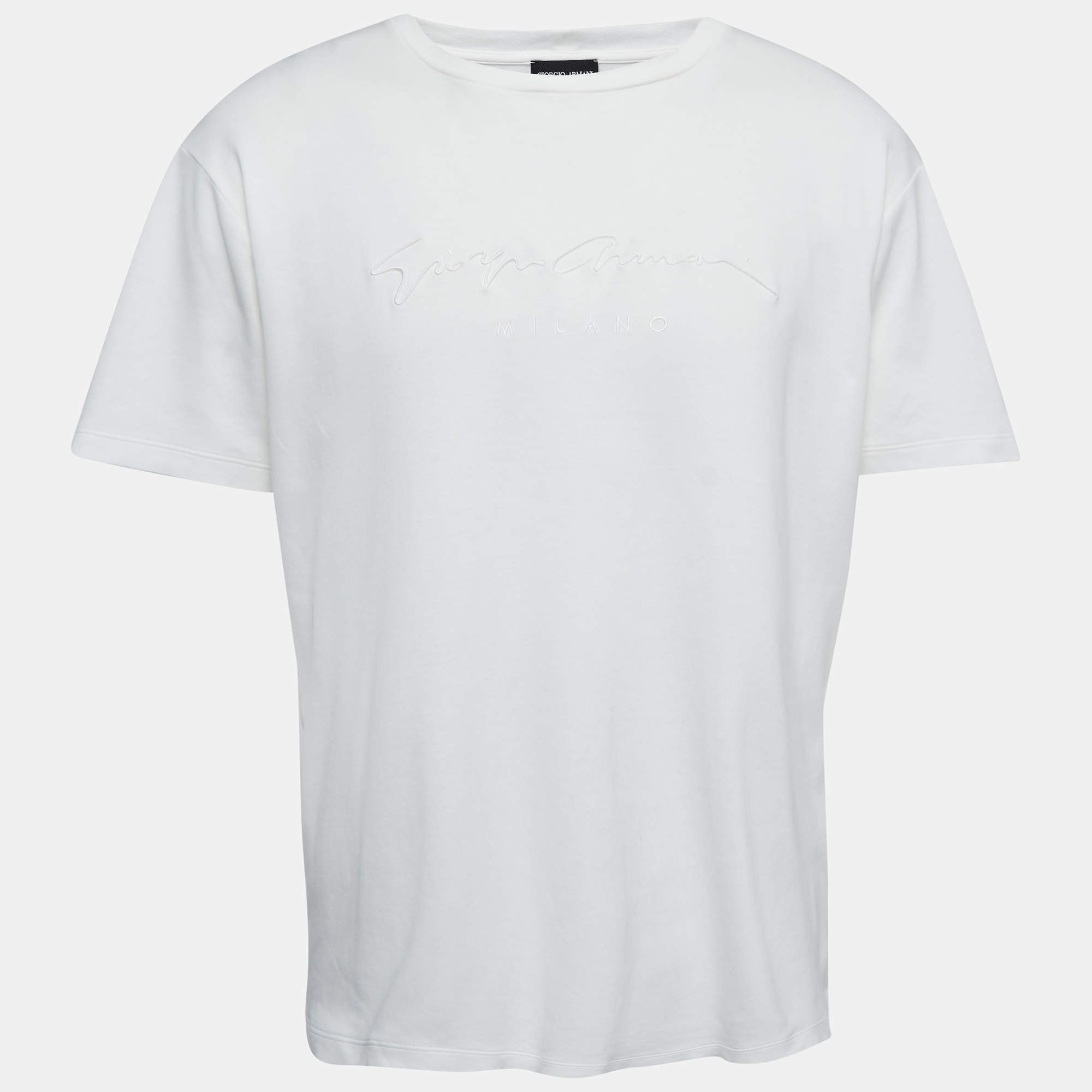 Pre Owned Giorgio Armani White Cotton Signature Logo Embroidered T-Shirt XL
