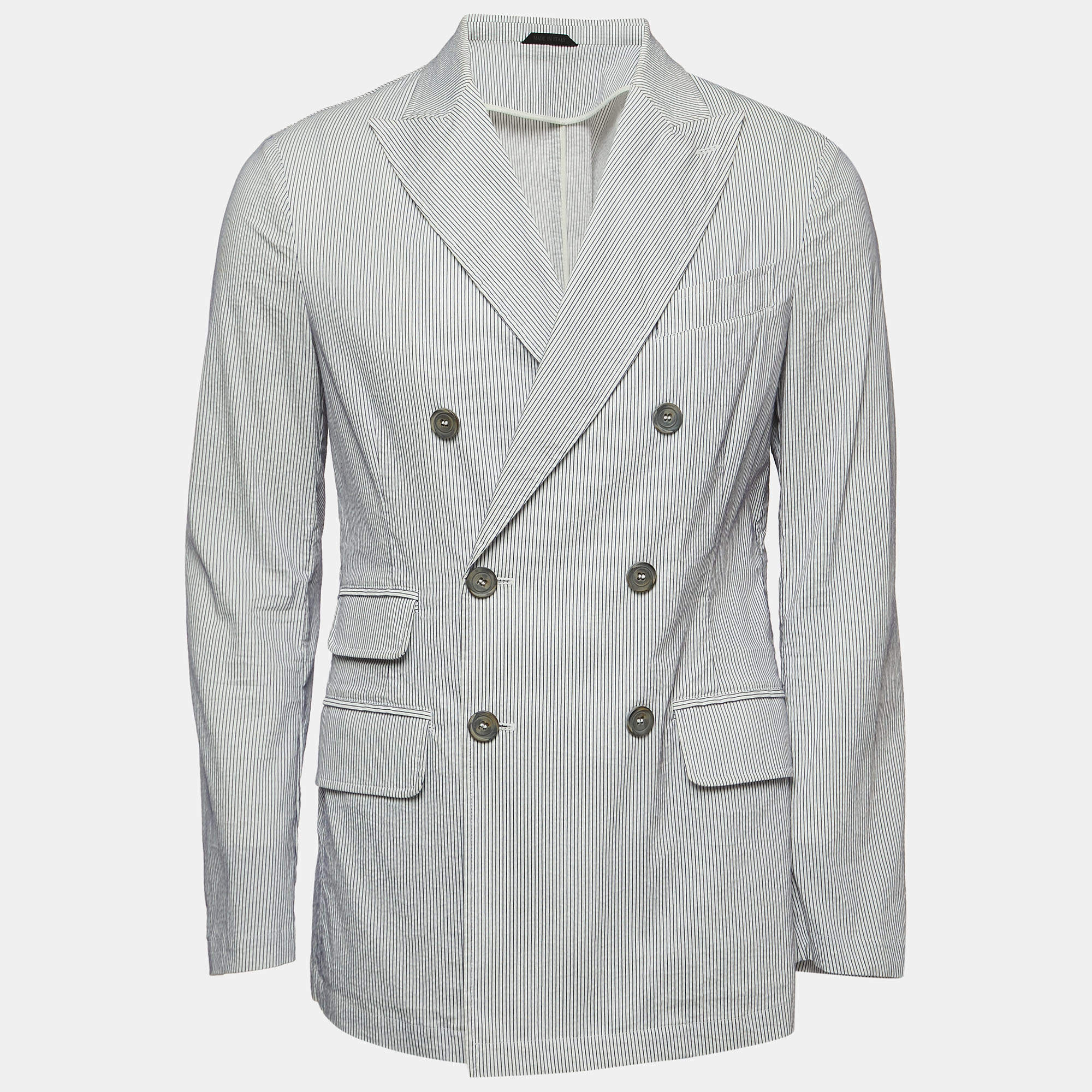 Pre Owned Giorgio Armani White Striped Cotton Blend Double Breasted Blazer M