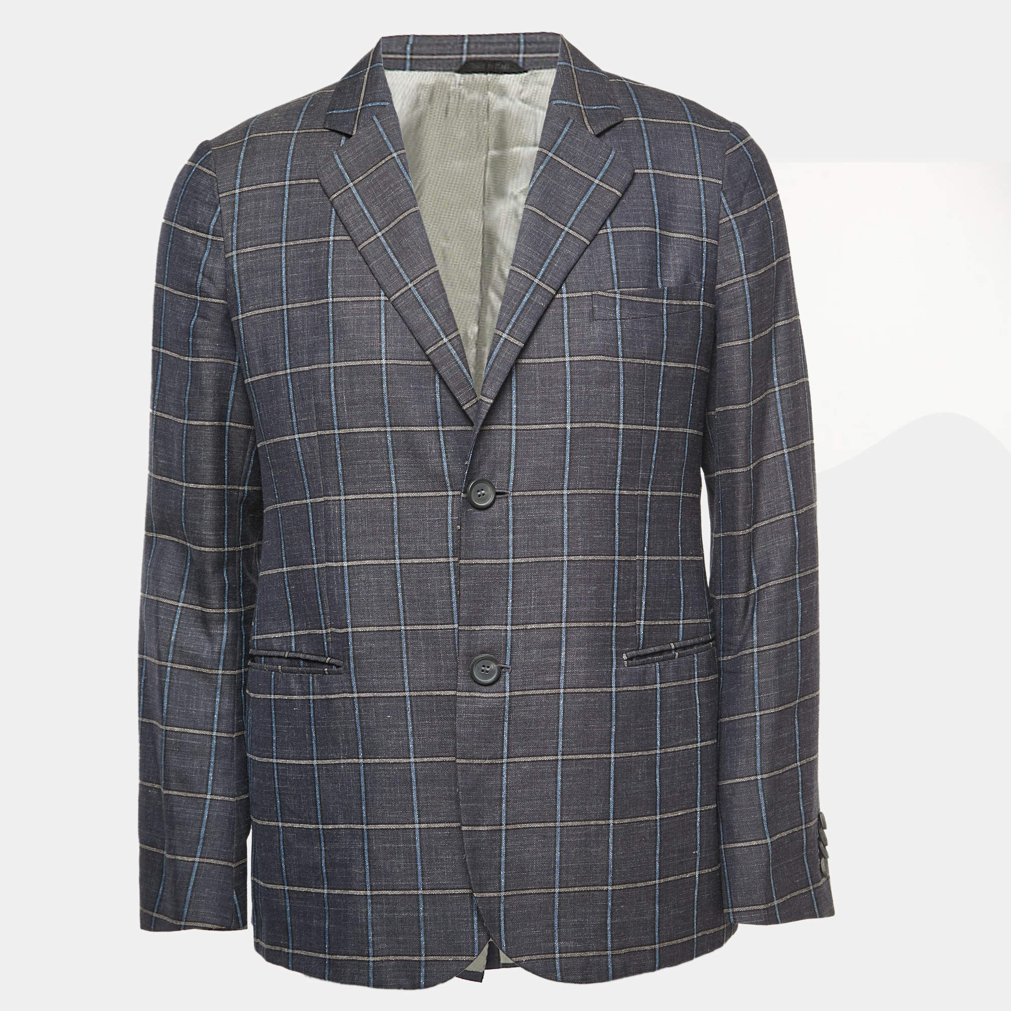 Giorgio Armani Blue checkered Wool Blend Single Breasted Blazer XL