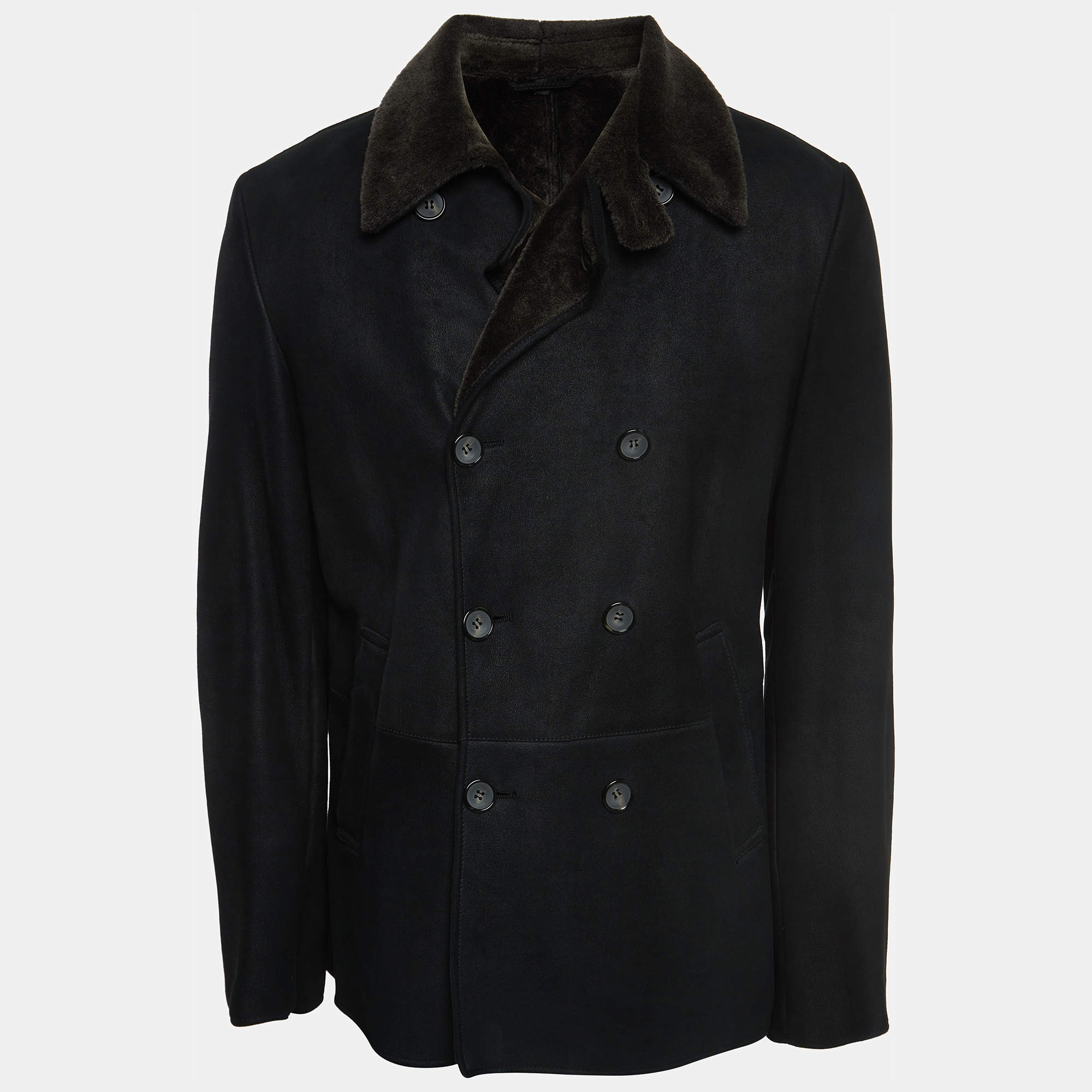 Giorgio Armani Black Leather Double Breasted Flight Jacket XL