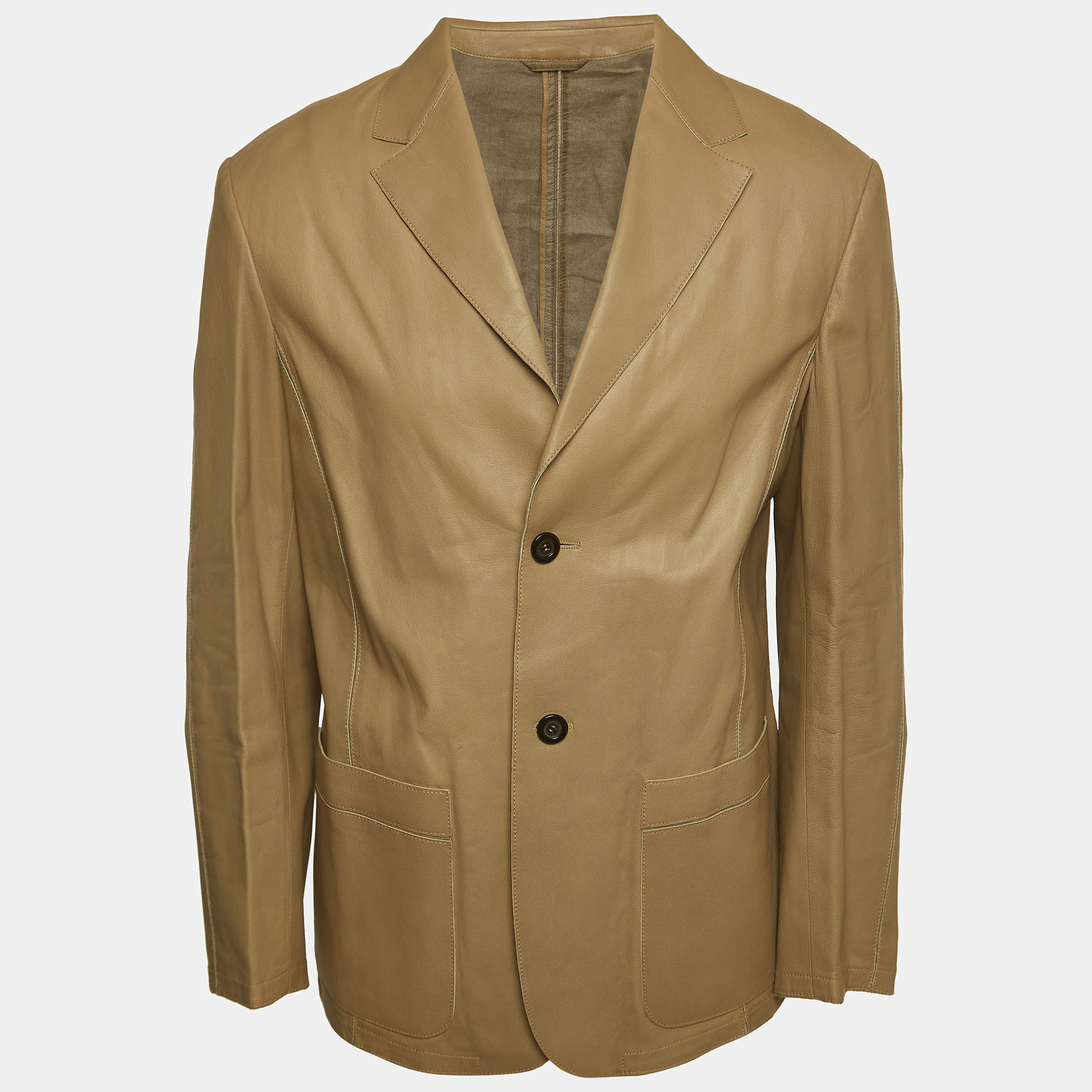 Giorgio Armani Light Brown Leather Buttoned Jacket XXL