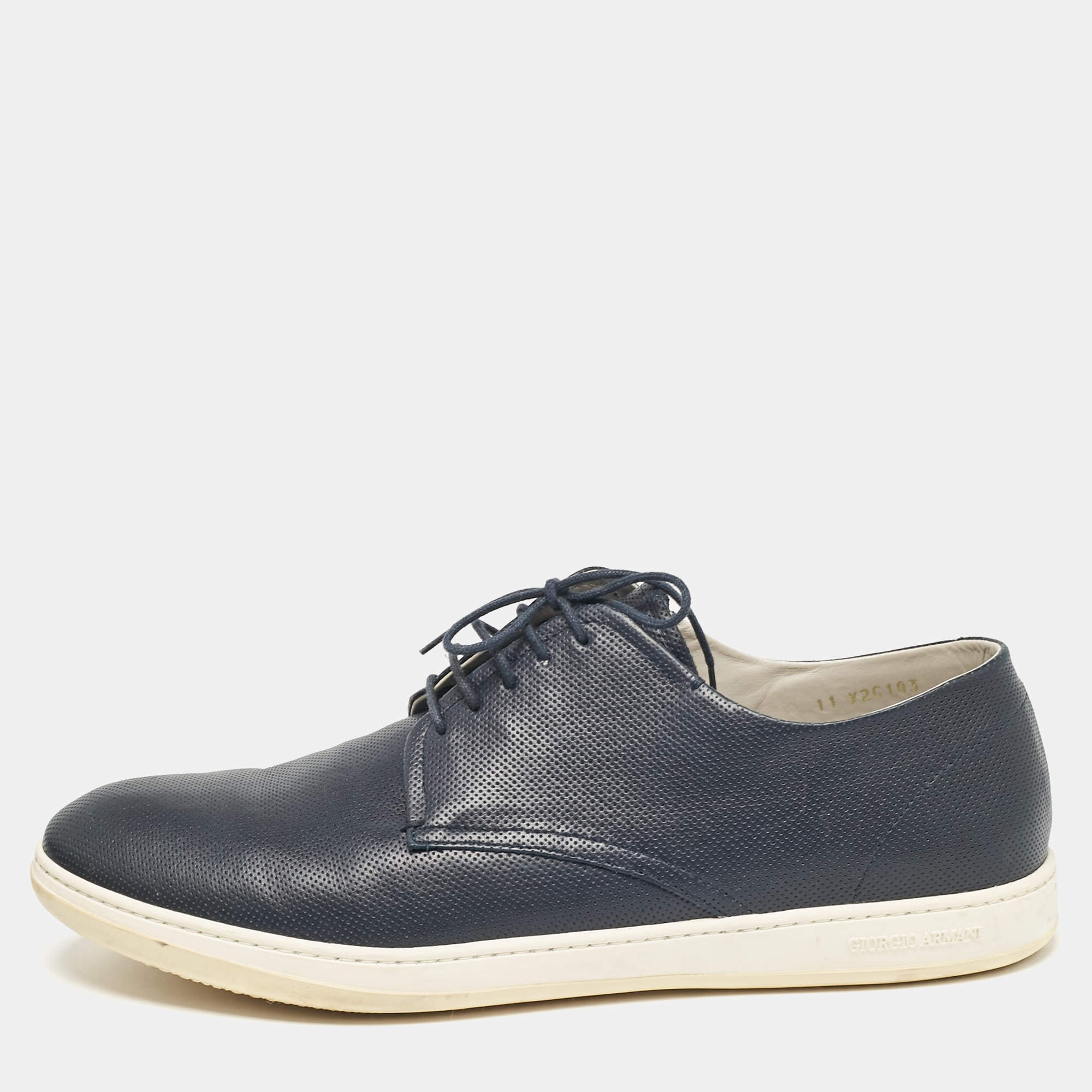 Giorgio Armani Navy Blue Perforated Leather Low Top Sneakers Size 45