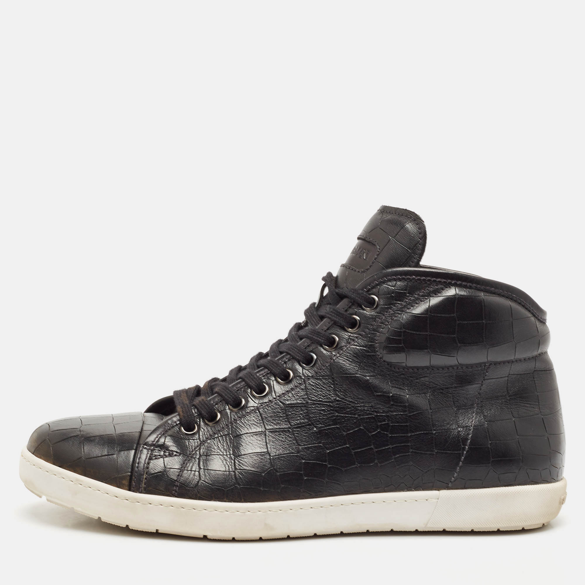 Giorgio Armani Black Croc Embossed Leather Lace Up Sneakers Size 43