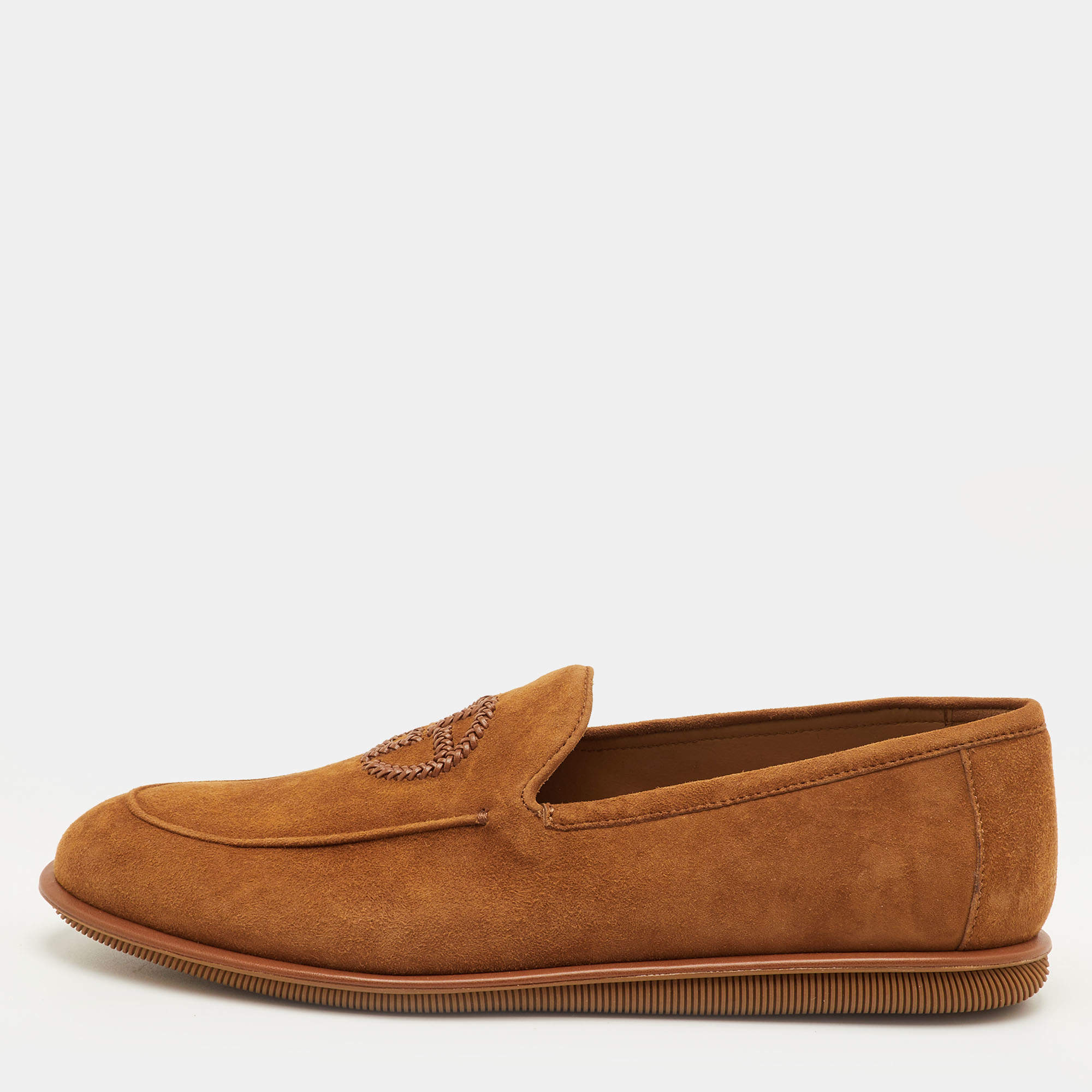 Pre Owned Giorgio Armani Embroidered Logo Size 41 Brown Suede Slip On Loafers