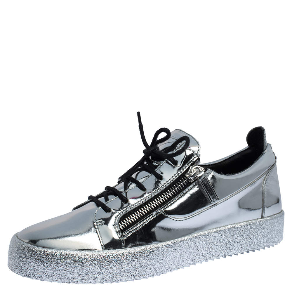 Pre Owned Giuseppe Zanotti Silver Patent Leather Double Zip Low Top Platform Sneakers Size 45