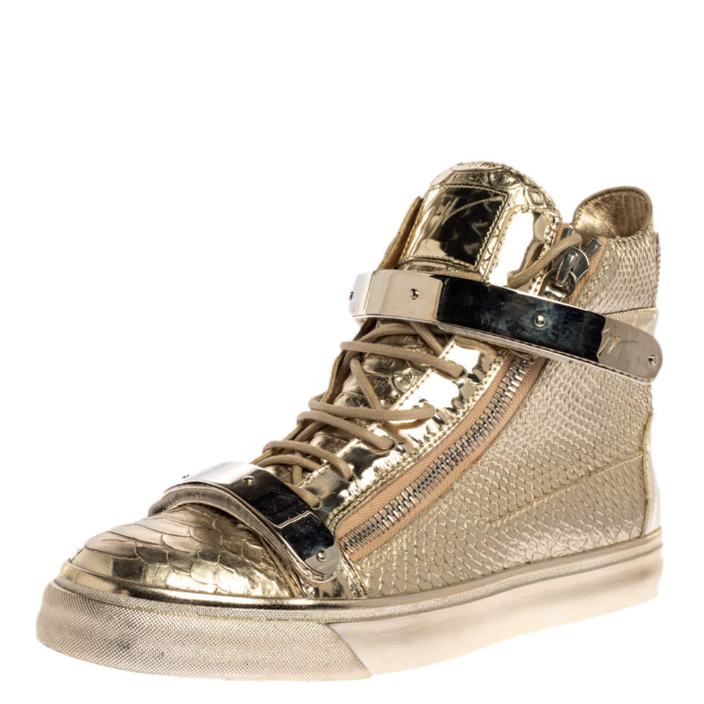 Giuseppe Zanotti Metallic Gold Python Embossed Leather Coby High Top Sneakers Size 41 Giuseppe Zanotti TLC
