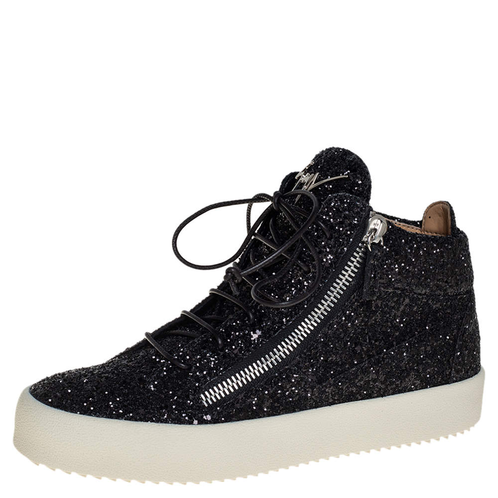 Pre Owned Giuseppe Zanotti Black Glitter High Top Sneakers Size 40