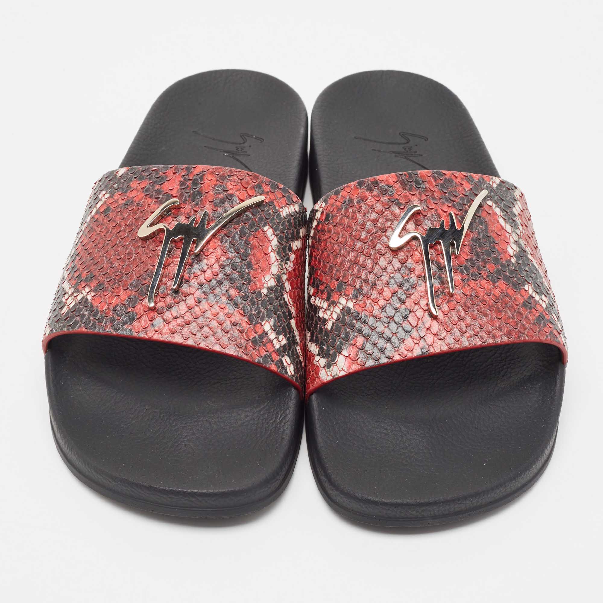 Pre Owned Giuseppe Zanotti Red/Black Python Embossed Leather Newburel Slide Flats Size 43