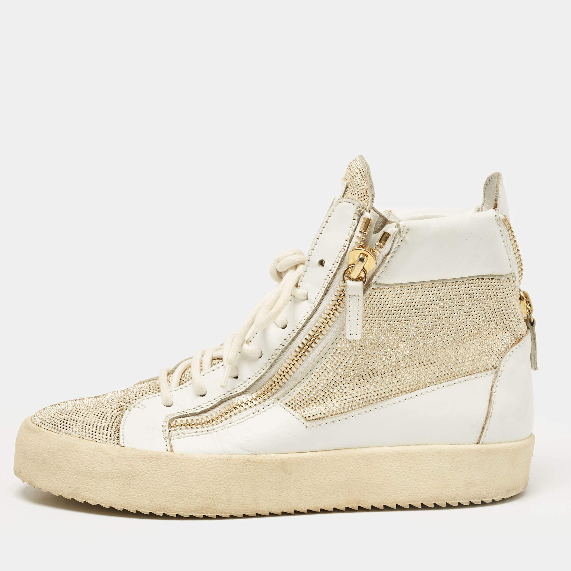 Giuseppe Zanotti White Gold Leather High Top Sneakers Size 41