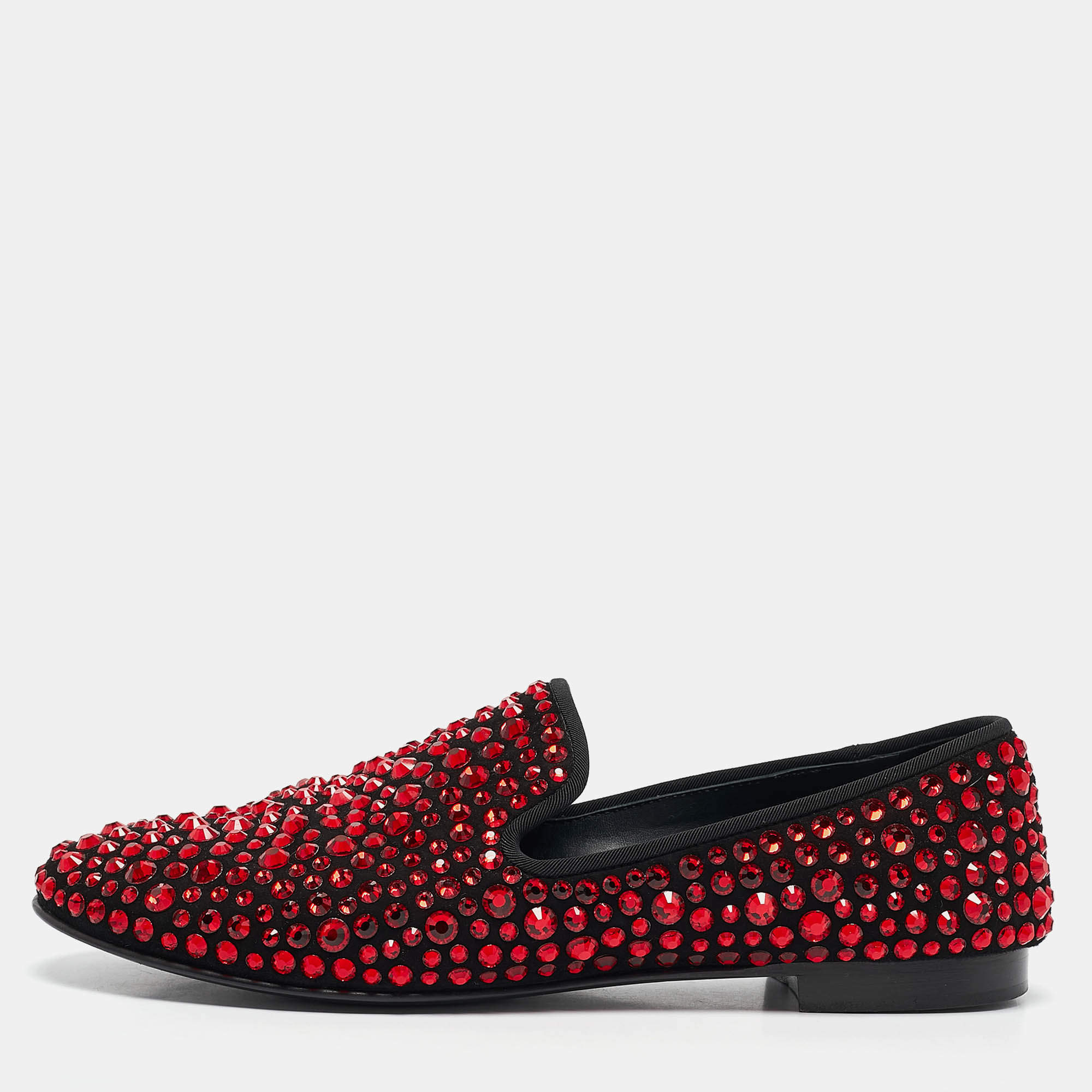 Pre Owned Giuseppe Zanotti Black Suede Crystal Embellished Smoking Slippers Size 41
