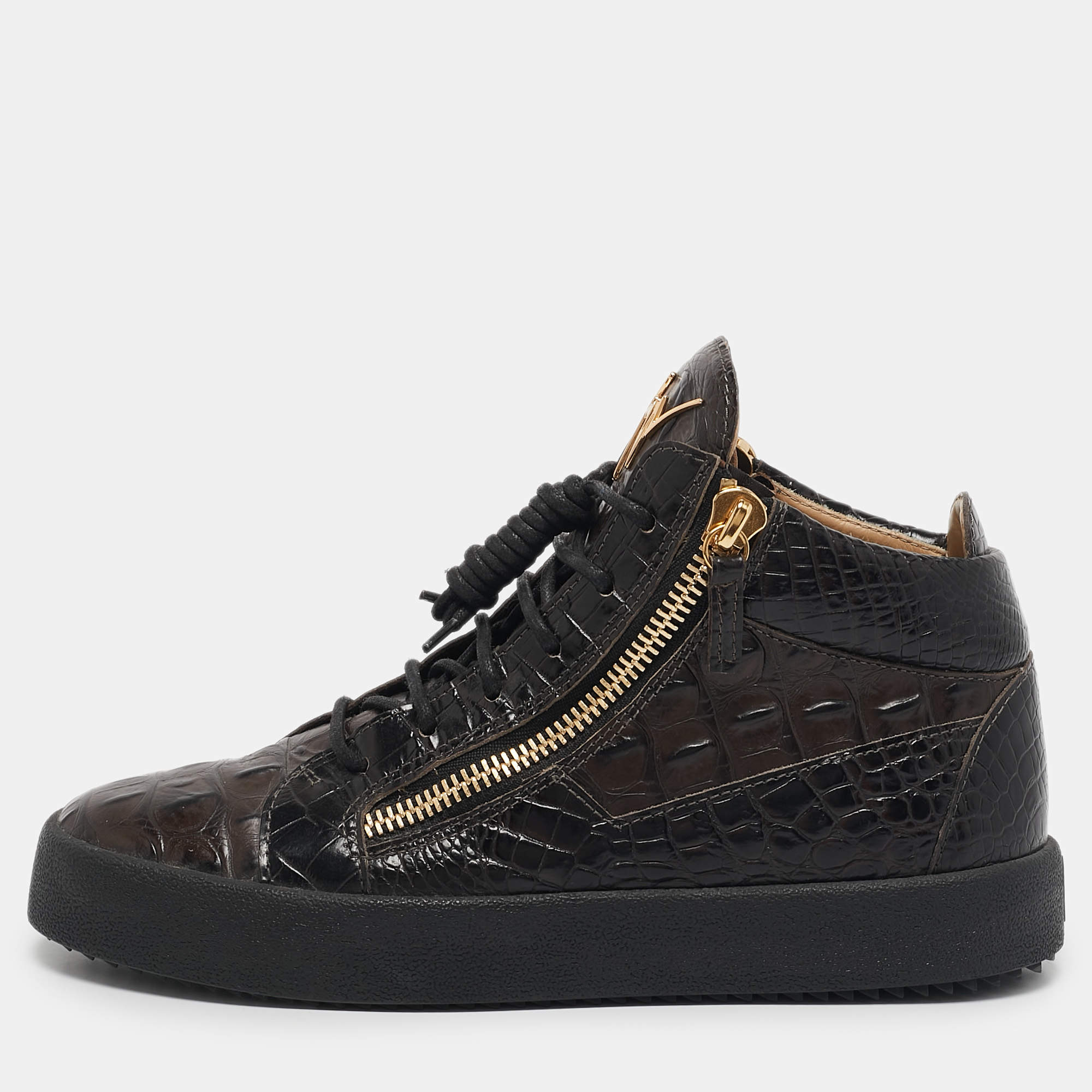 Giuseppe Zanotti Brown Crocodile Leather  Double Zipper High Top Sneakers Size 39     