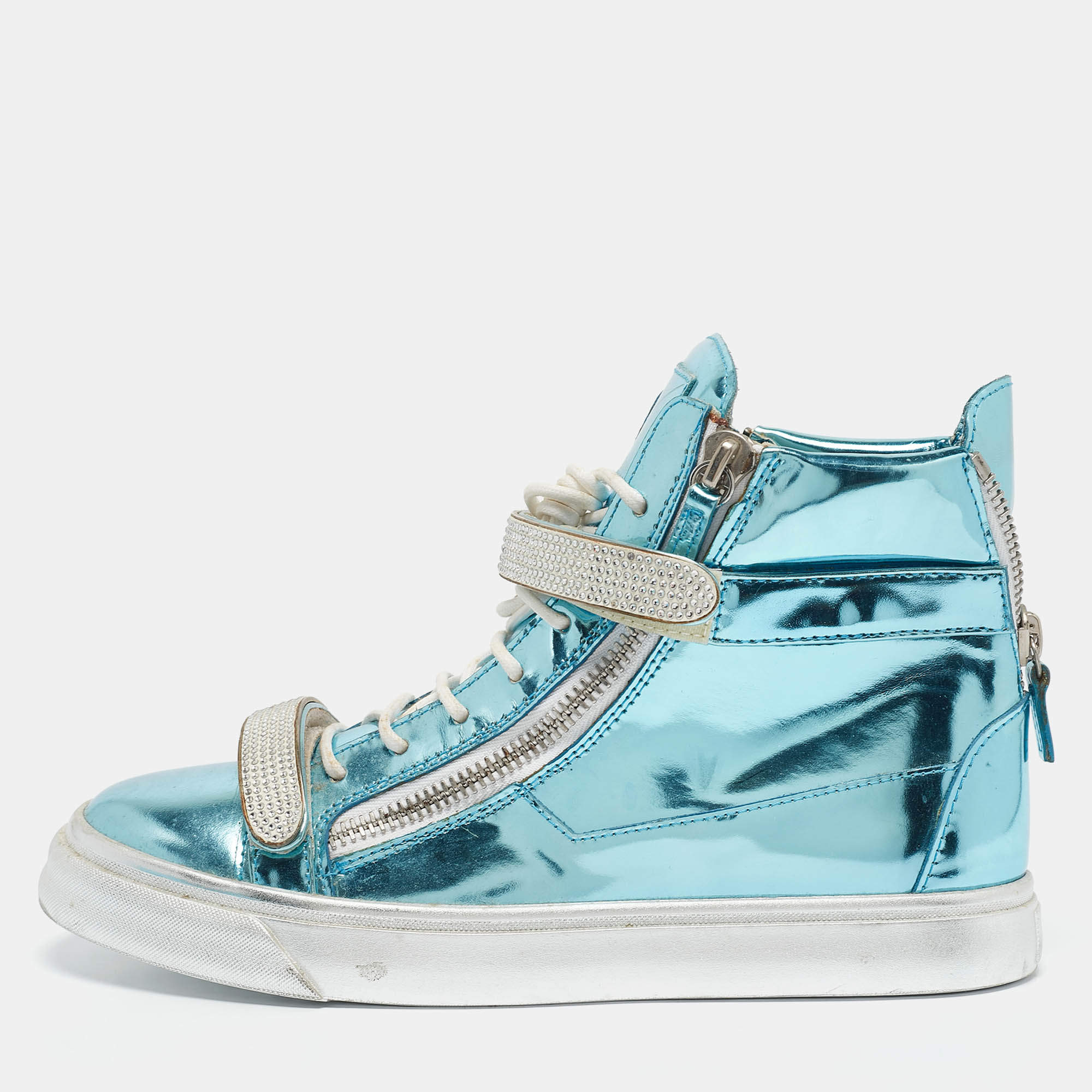 Giuseppe Zanotti Blue Leather Double Zip High Top Sneakers Size 40