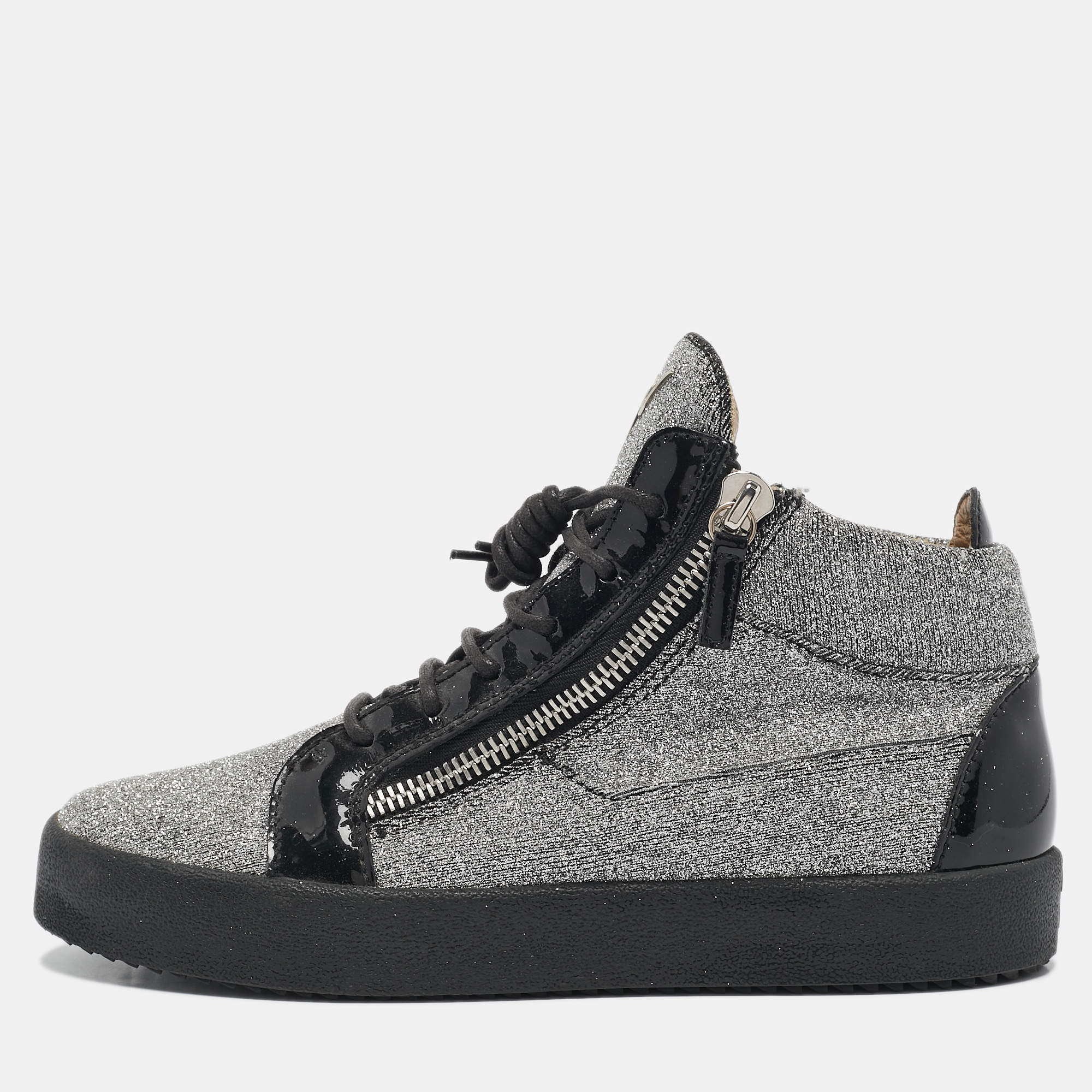 Giuseppe Zanotti Black/Silver Glitter Fabric and  Leather Coby High Top Sneakers Size 40