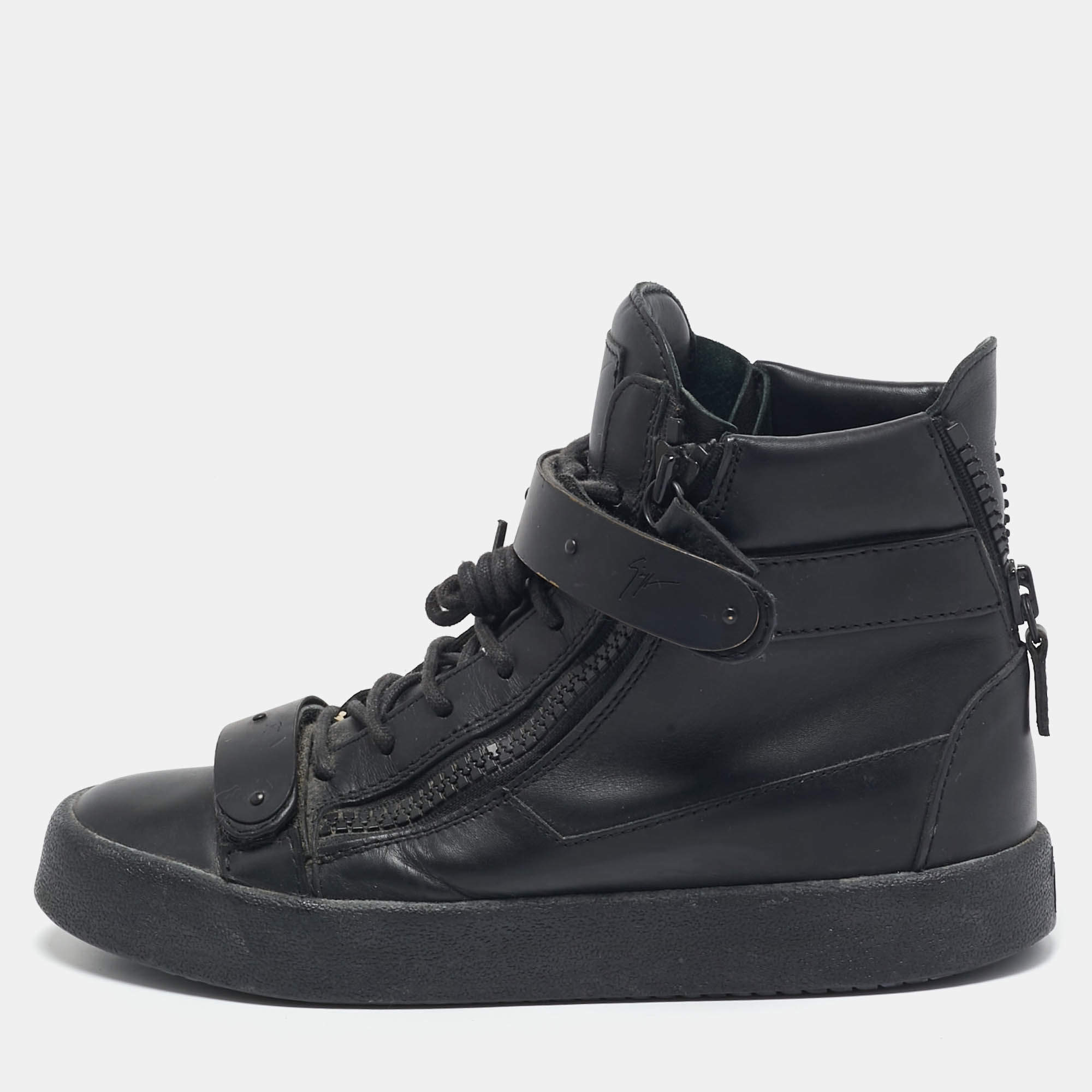 Pre Owned Giuseppe Zanotti Black Leather Double Zip High Top Sneakers Size 39