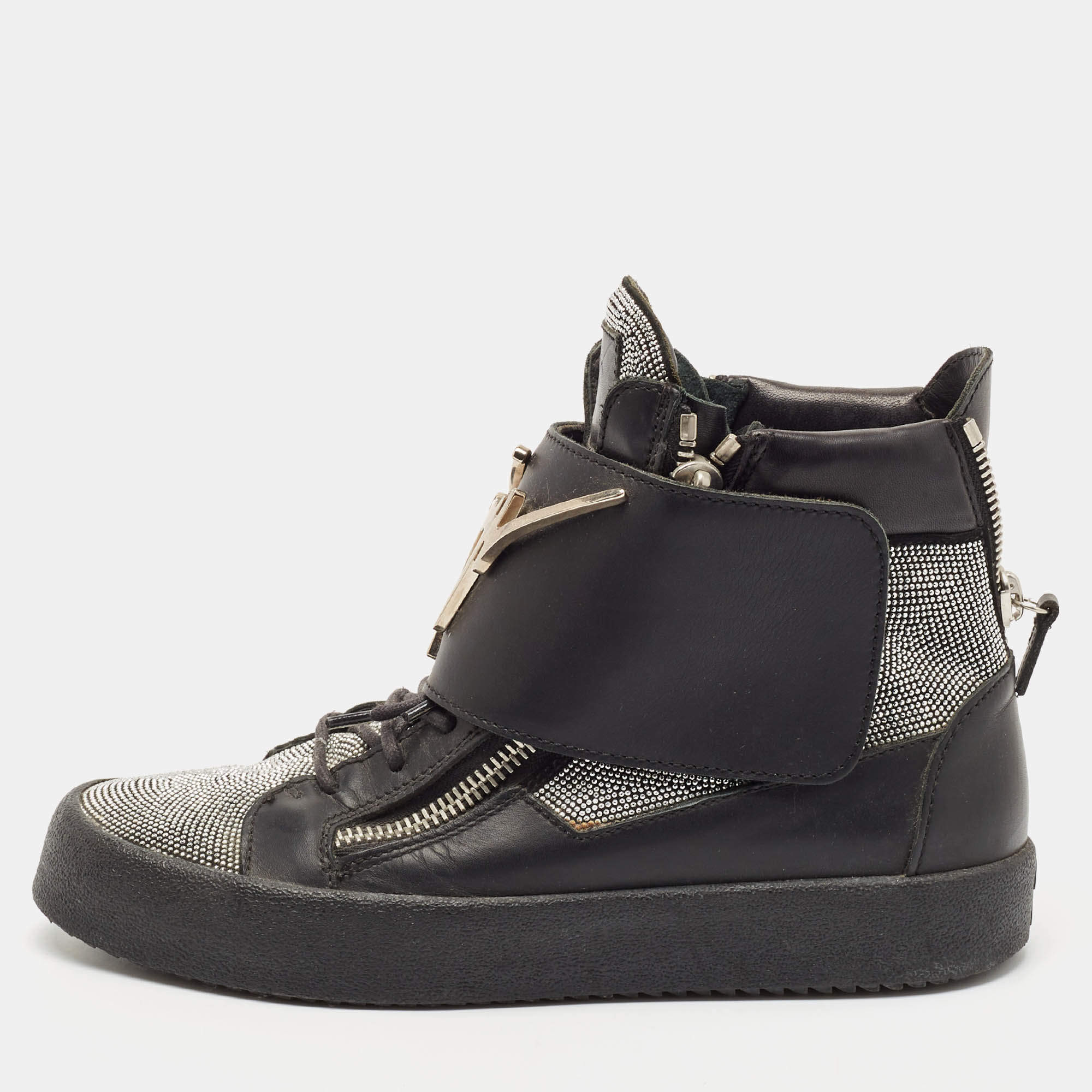 Giuseppe Zanotti Black/Silver Leather Double Zip High Top Sneakers Size 40