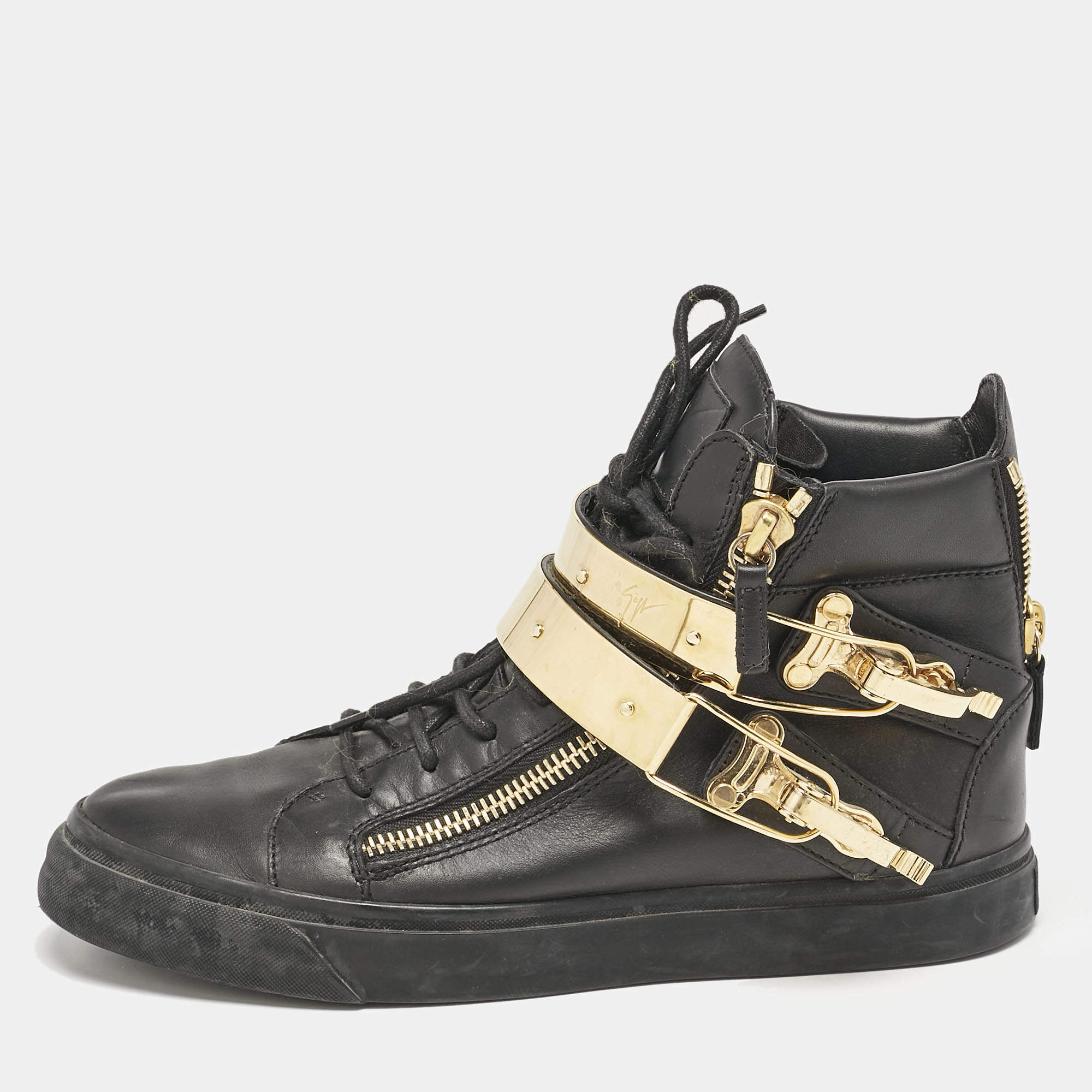 Giuseppe Zanotti Black Leather Double Metal Strap High-Top Sneakers Size 40 