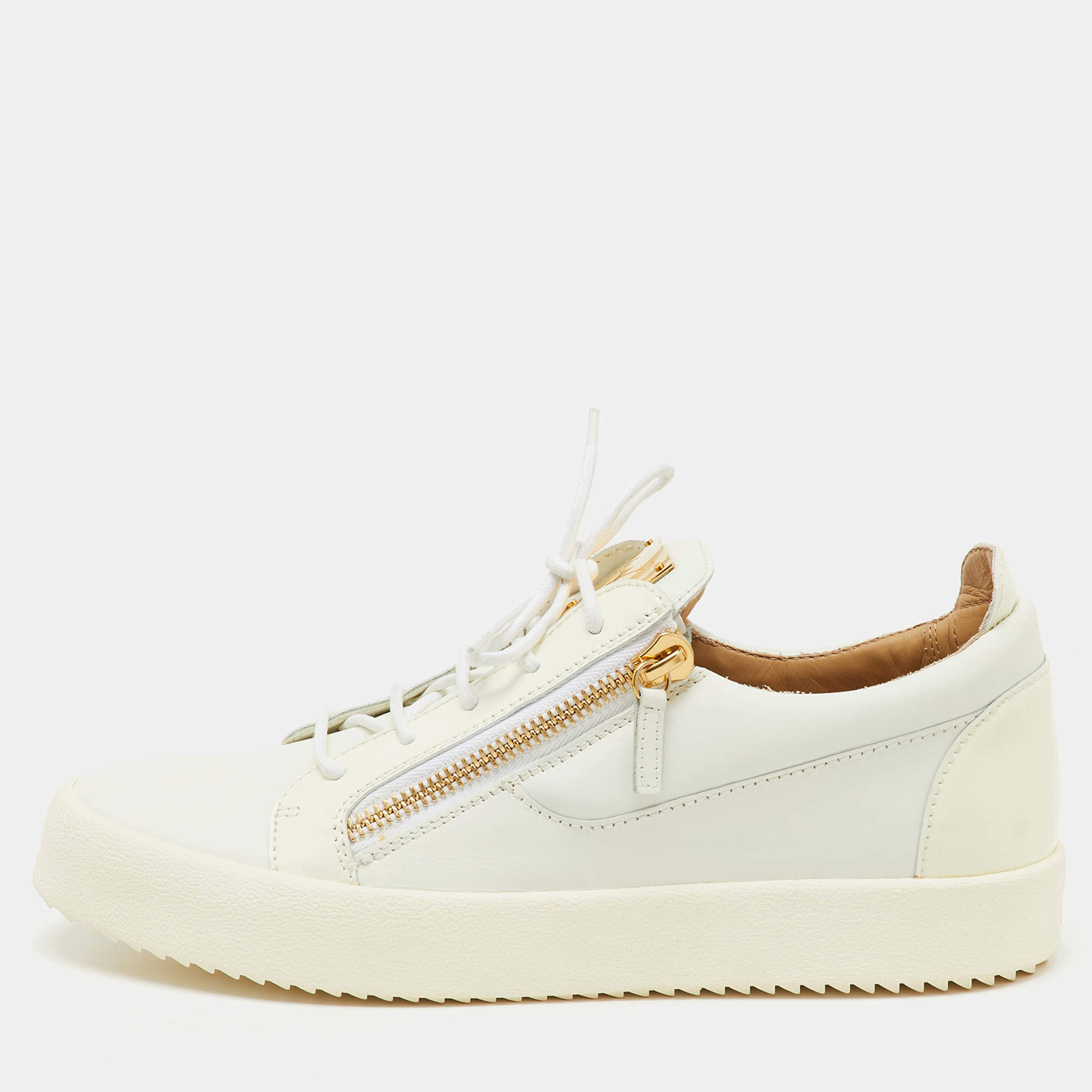 Giuseppe Zanotti White Leather and Patent Leather Double Zip Low Top Sneakers Size 44