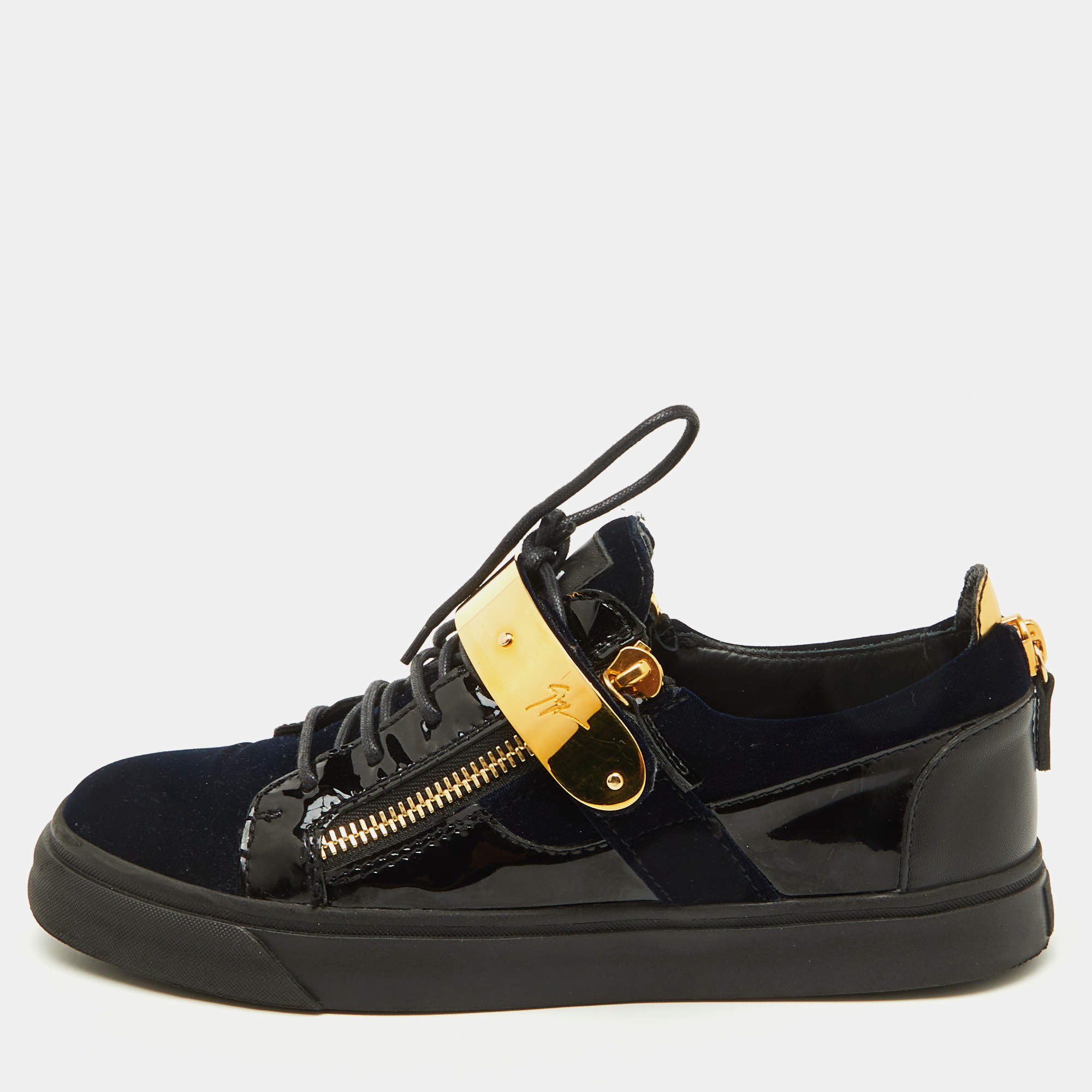 Giuseppe Zanotti Navy Blue/Black Velvet and Patent Leather Double Zip Low Sneakers Size 41