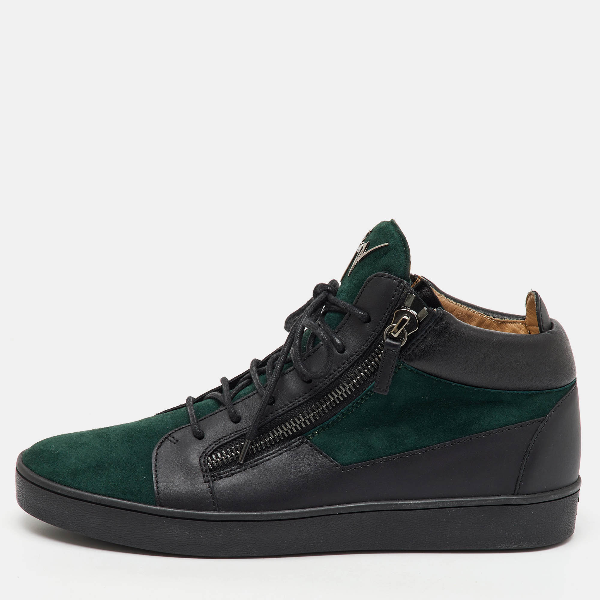 Giuseppe Zanotti Green/Black Suede and Leather Double Zip High Top Sneakers Size 45