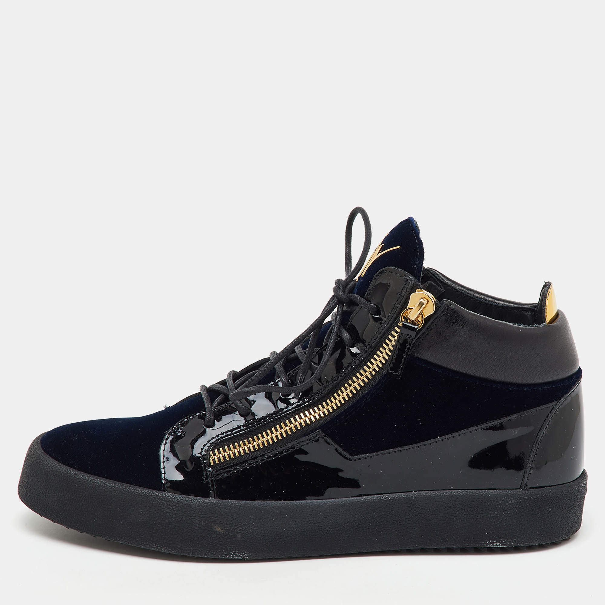 Pre Owned Giuseppe Zanotti Blue/Black Velvet and Patent Frankie High Top Sneakers Size 45