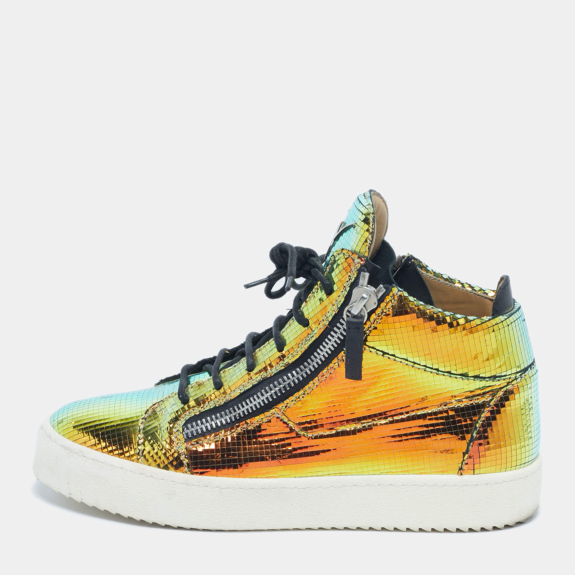 Pre Owned Giuseppe Zanotti Metallic Multicolor Leather Kriss High Top Sneakers Size 42.5