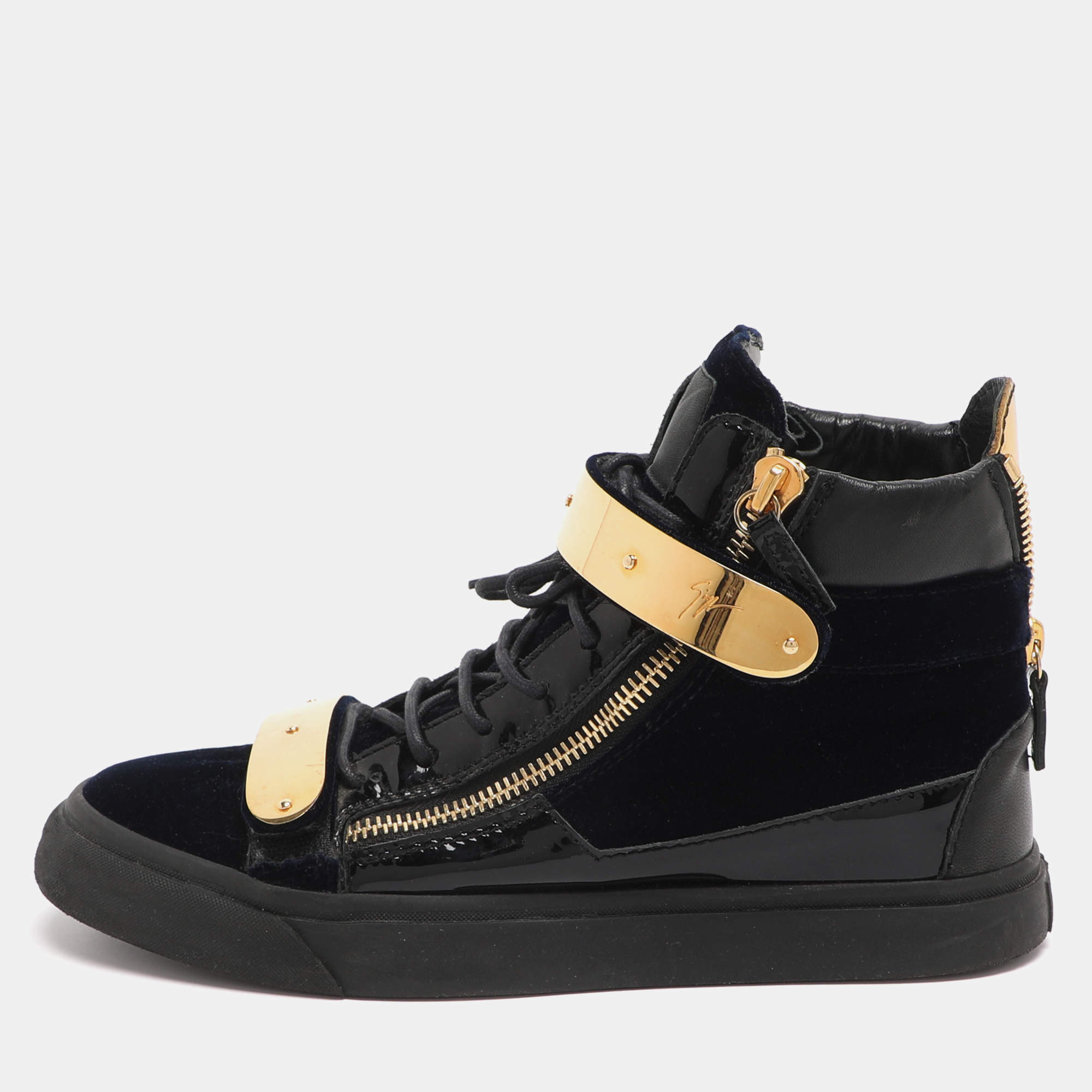 مملوكة مسبقًا Giuseppe Zanotti Coby Size 42 Navy Blue/Black Patent Leather and Velvet High Top Sneakers