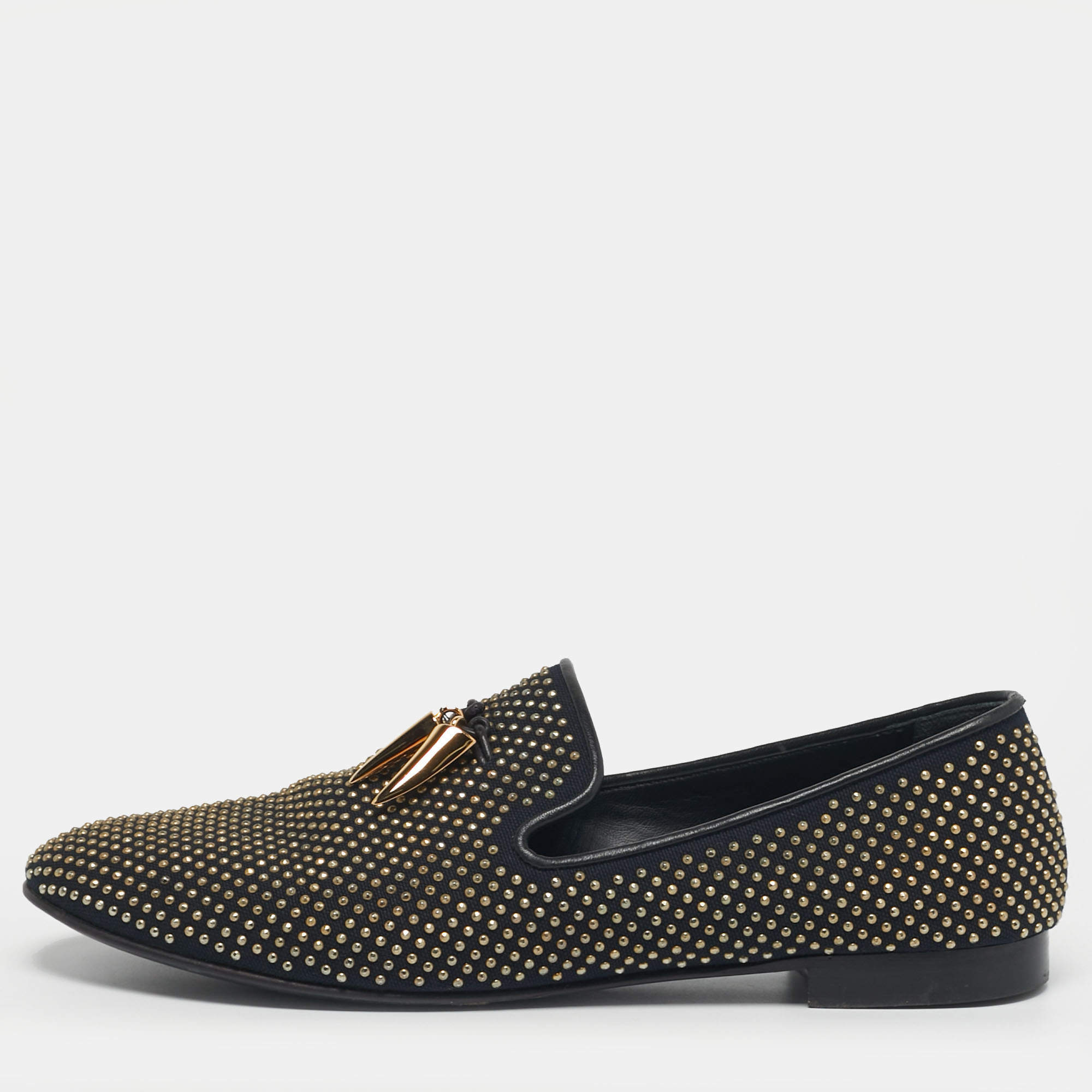 مملوكة مسبقًا Giuseppe Zanotti Size 45 Two Tone Canvas Stud All Over Shark Tooth Smoking Slippers