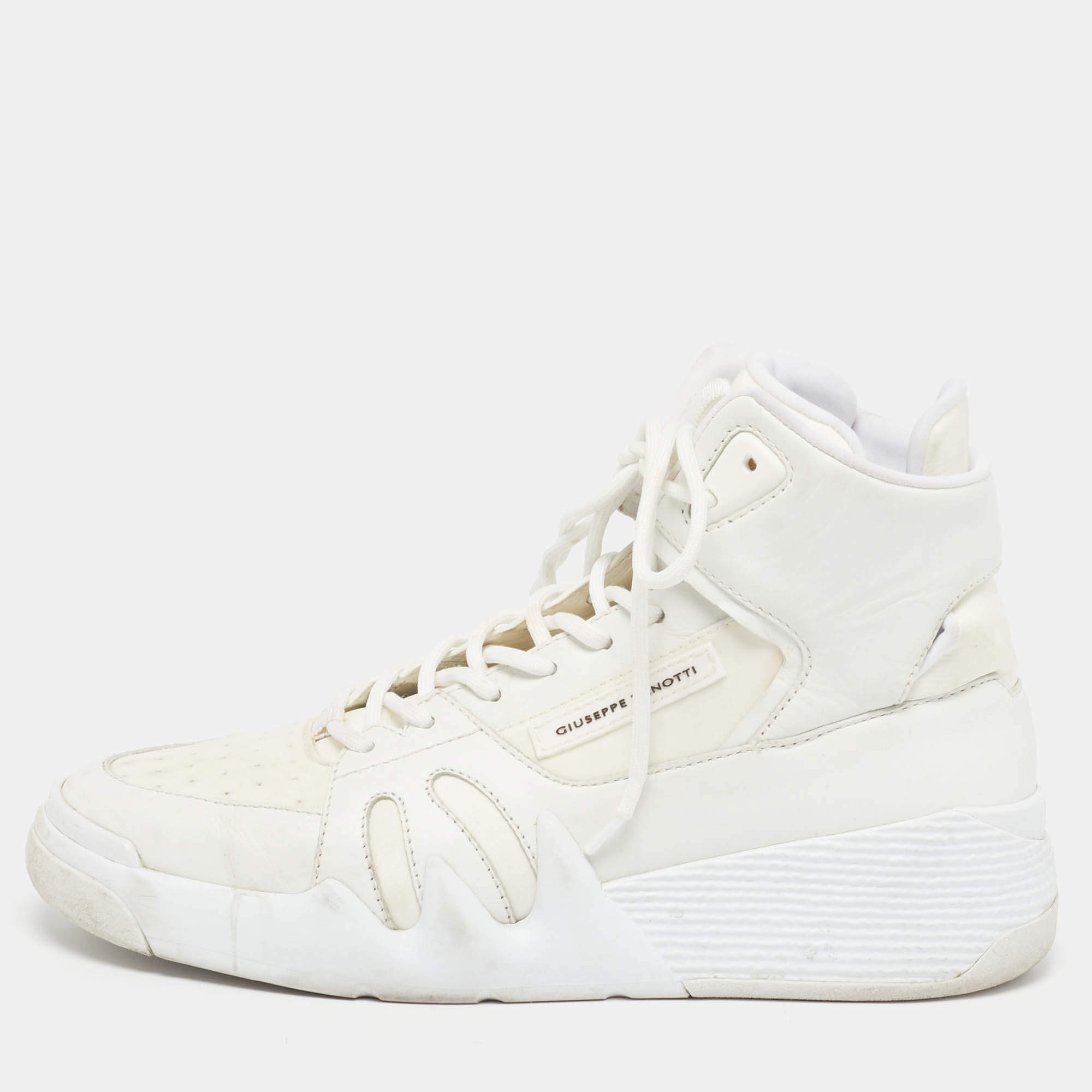 Pre Owned Giuseppe Zanotti Size 43 White Fabric and Leather High Top Sneakers