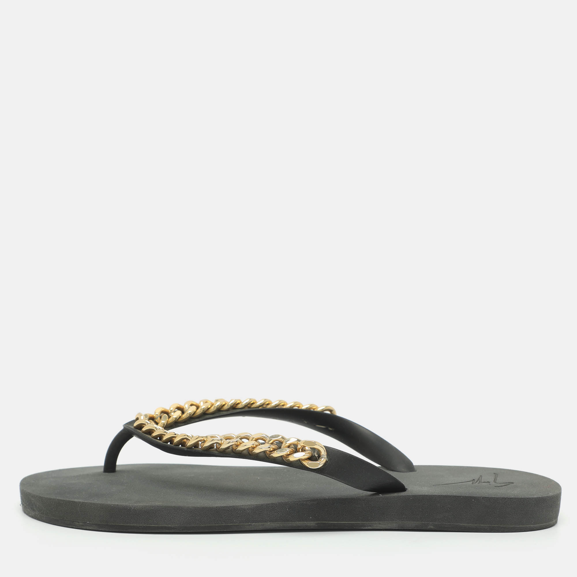 Pre Owned Giuseppe Zanotti Chain Embellished Size 44 Black Rubber Thong Flats