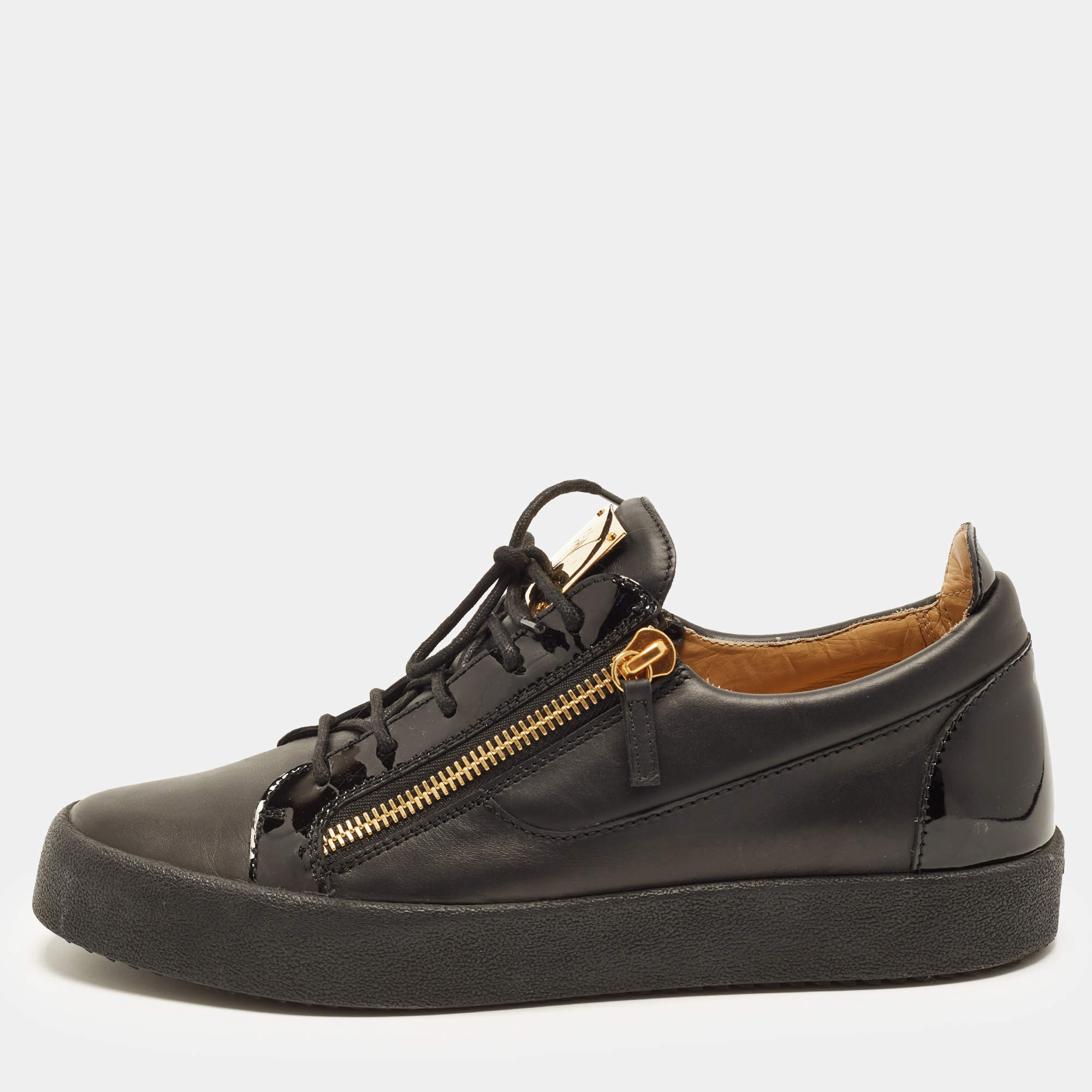 Pre Owned Giuseppe Zanotti Frankie Size 46 Black Leather and Patent Leather Low Top Sneakers