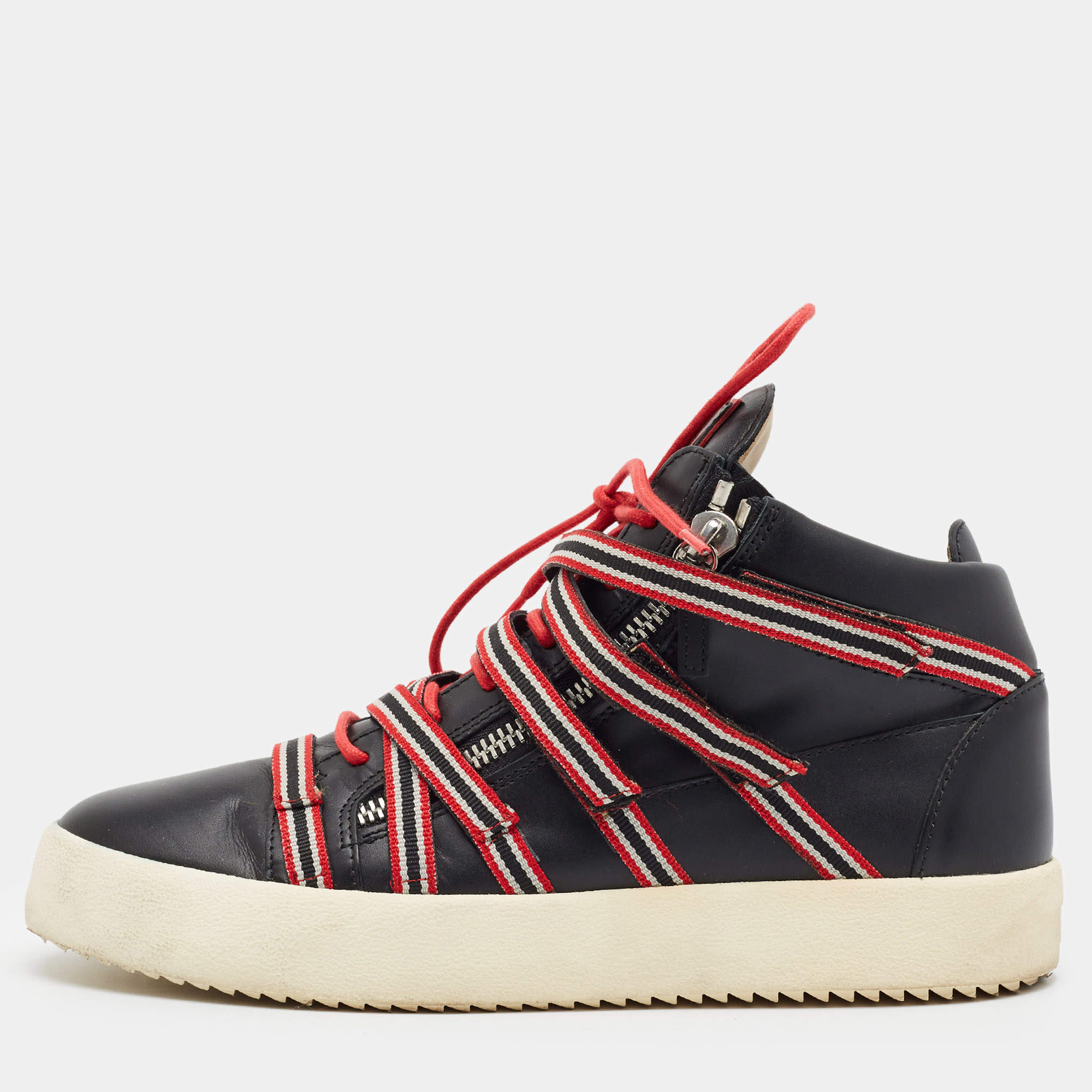 Pre Owned Giuseppe Zanotti Frankie Size 43 Black/Red Strap Fabric and Leather Low Top Sneakers