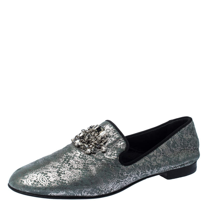 Pre Owned Giuseppe Zanotti Metallic Grey/Light Green Crystal Embellished Slip On Loafers Size 44