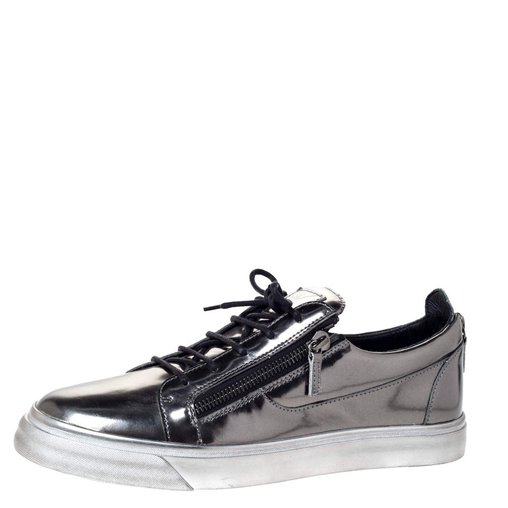 Pre Owned Giuseppe Zanotti Metallic Gunmetal Leather May London Double Chain Low Top Sneakers Size 46