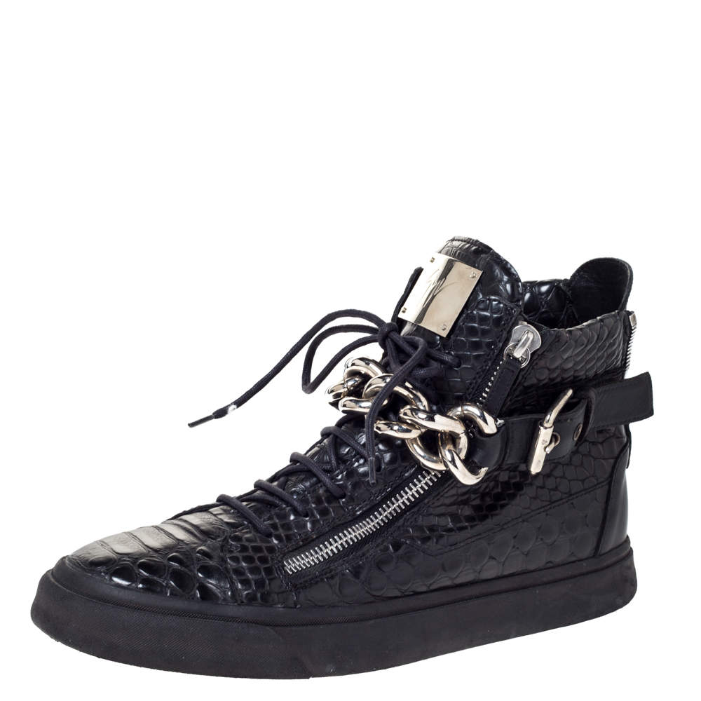 Giuseppe Zanotti Black Embossed Leather Chain Embellished London High Top Sneakers Size 45 Giuseppe Zanotti TLC