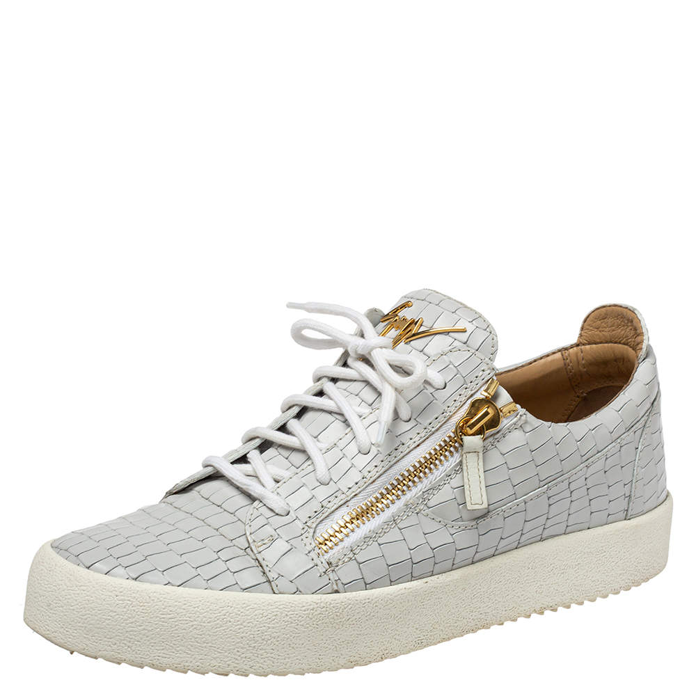 Pre Owned Giuseppe Zanotti Grey/White Leather Double Zip Low Top Sneakers Size 43