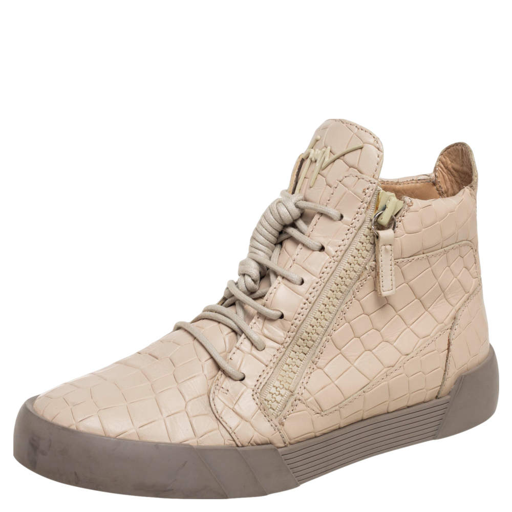 Giuseppe Zanotti Beige Croc Embossed Leather London High Top Sneakers Size 40